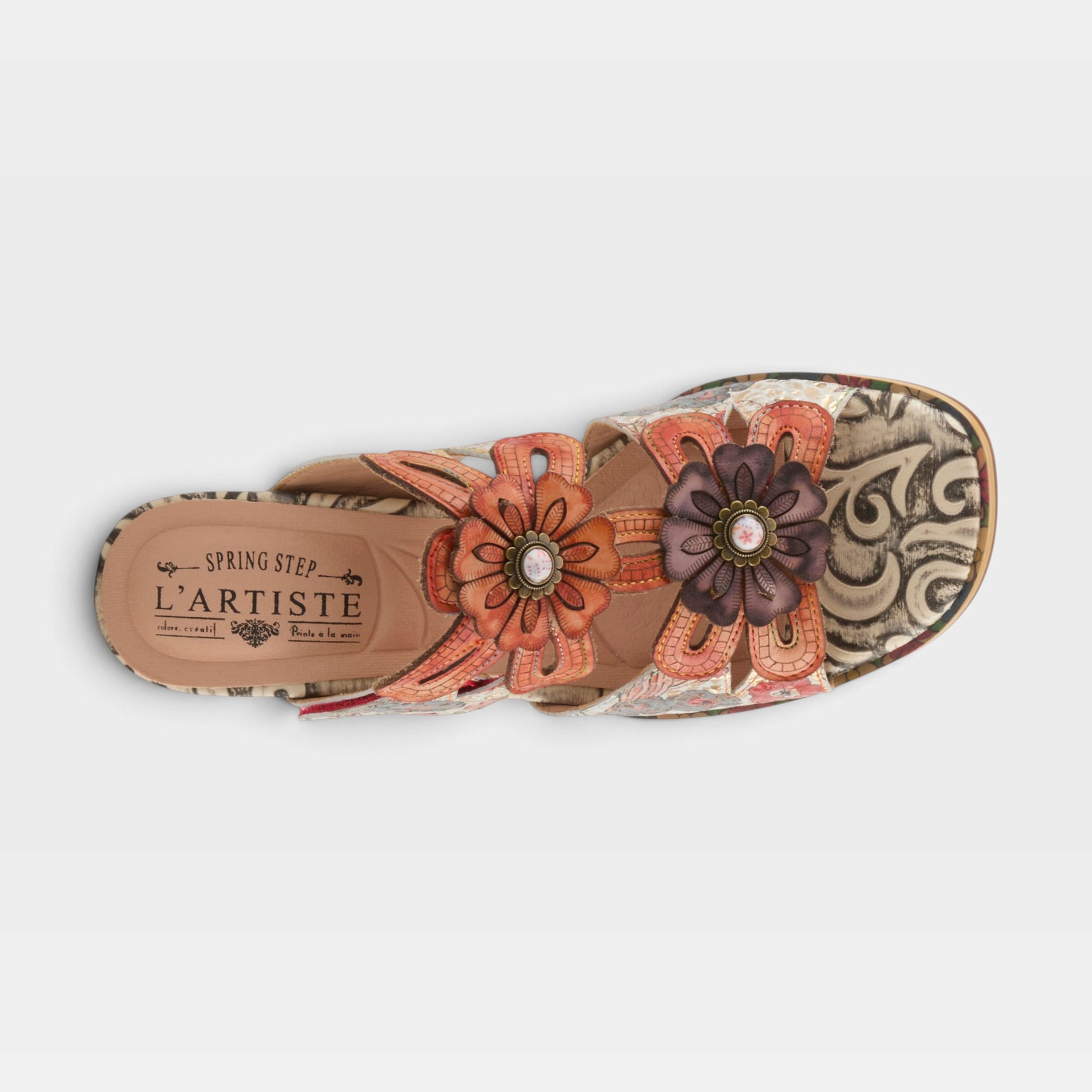 L'Artiste Alania sandals in Orange Multi, top view