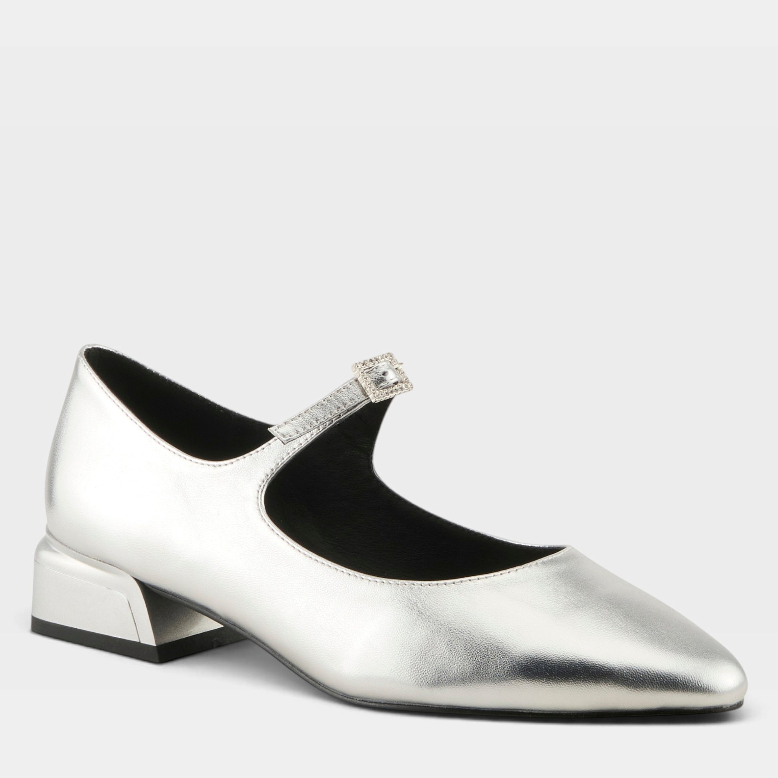 Azura Aluminate women's shoe in silver with leather upper and buckle detail