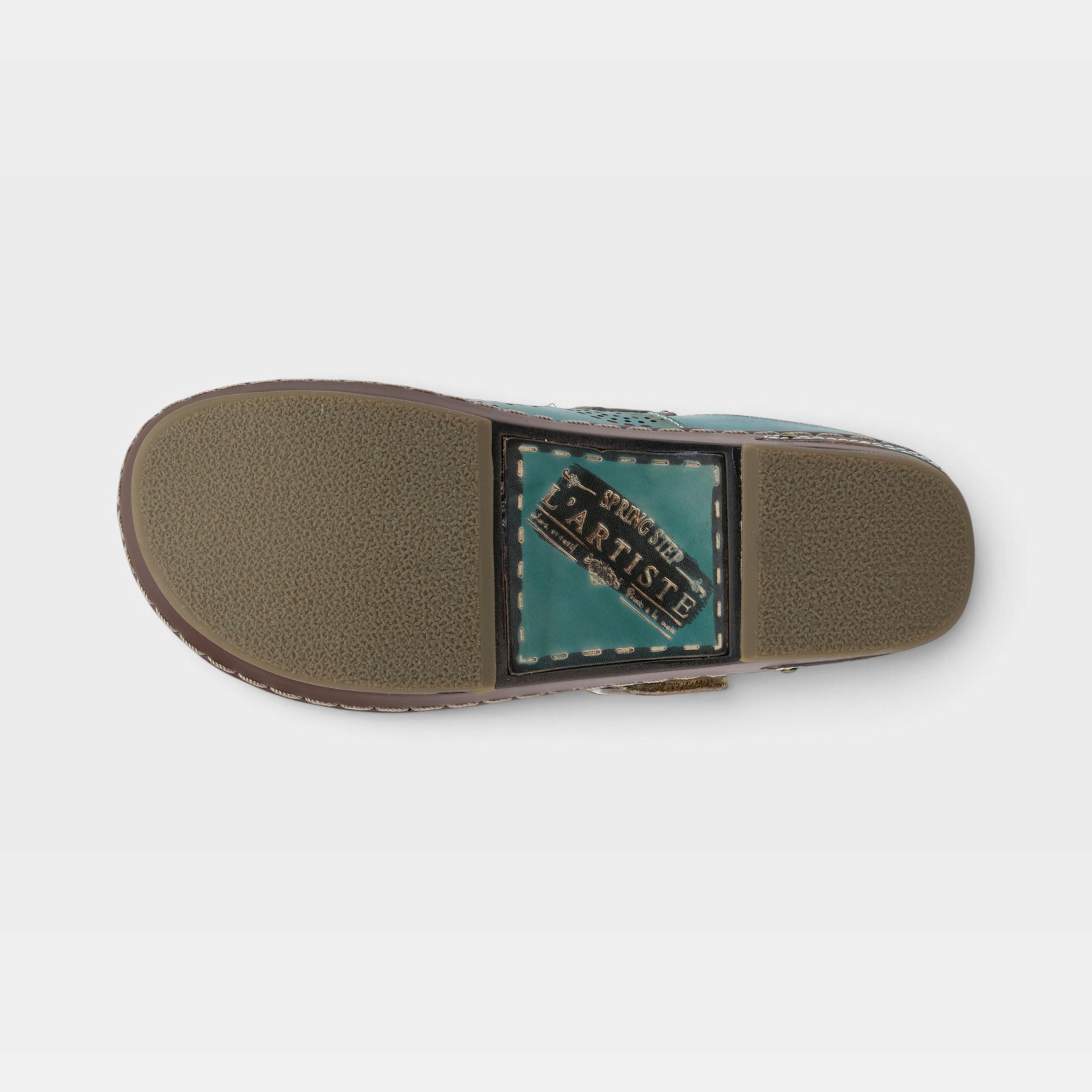 L'Artiste Aneria clogs in Teal, outsole view