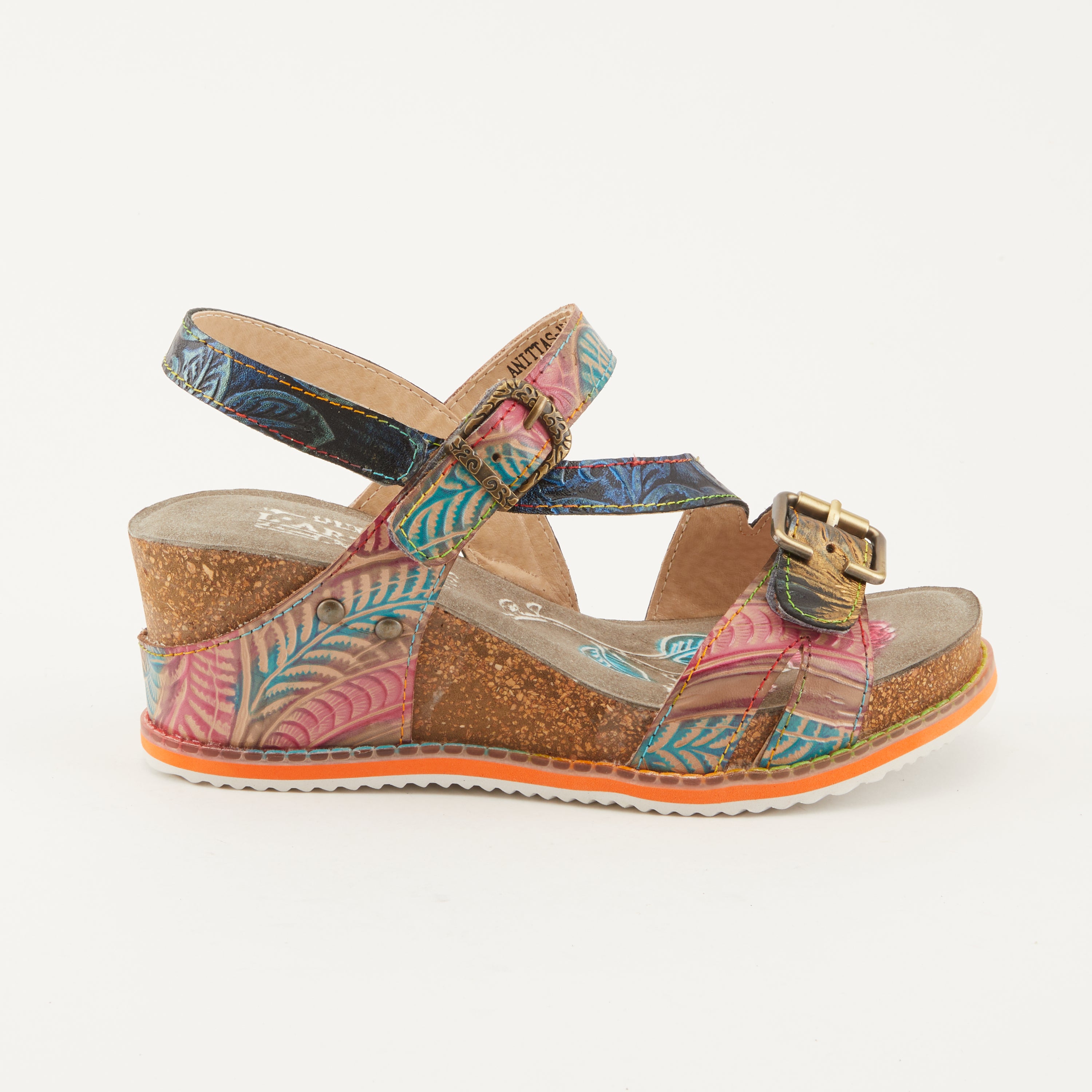 L'Artiste L'ARTISTE ANITTAS WEDGE SANDALS sandal in navy multi with handcrafted leather design