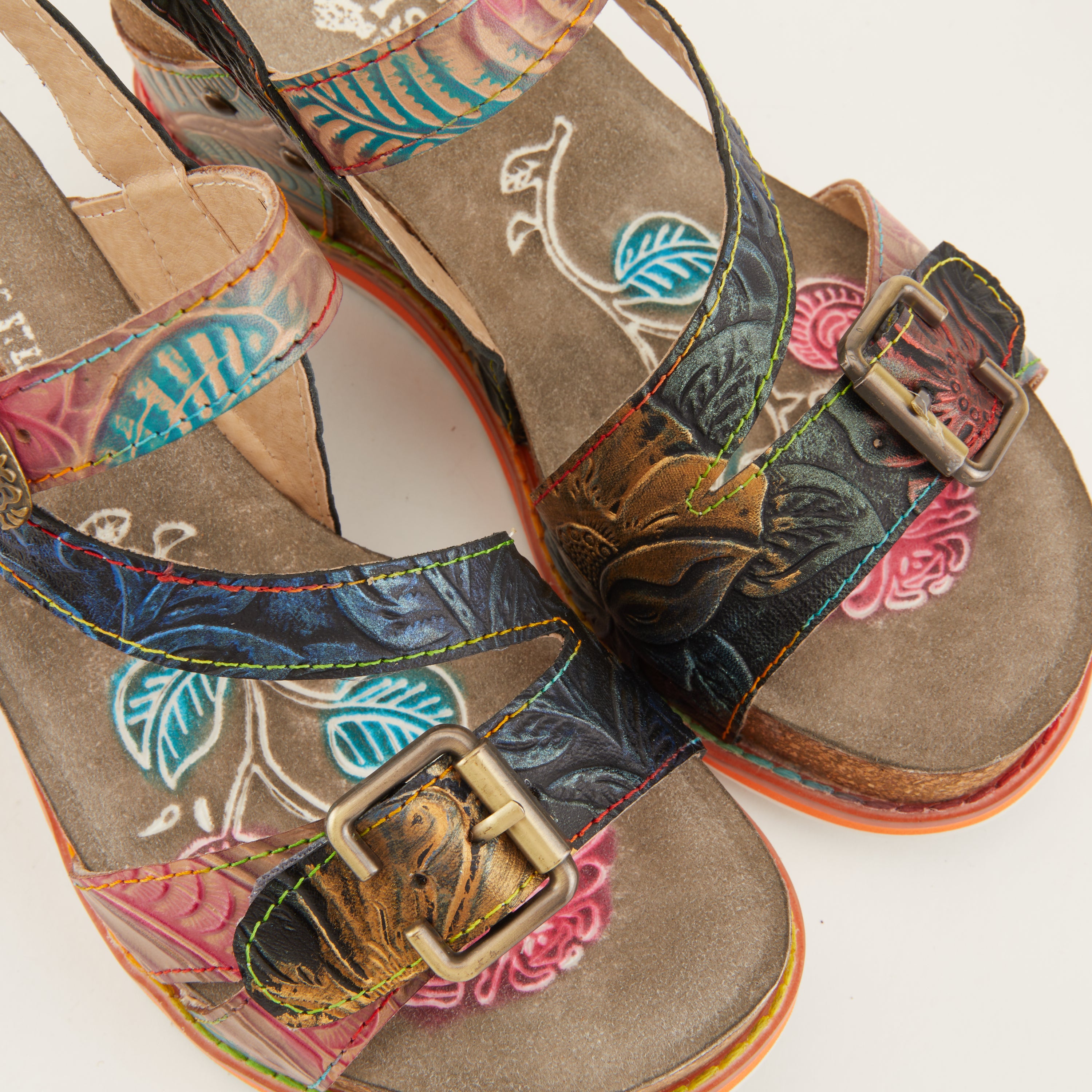 L'Artiste L'ARTISTE ANITTAS WEDGE SANDALS sandal in navy multi with handcrafted leather design