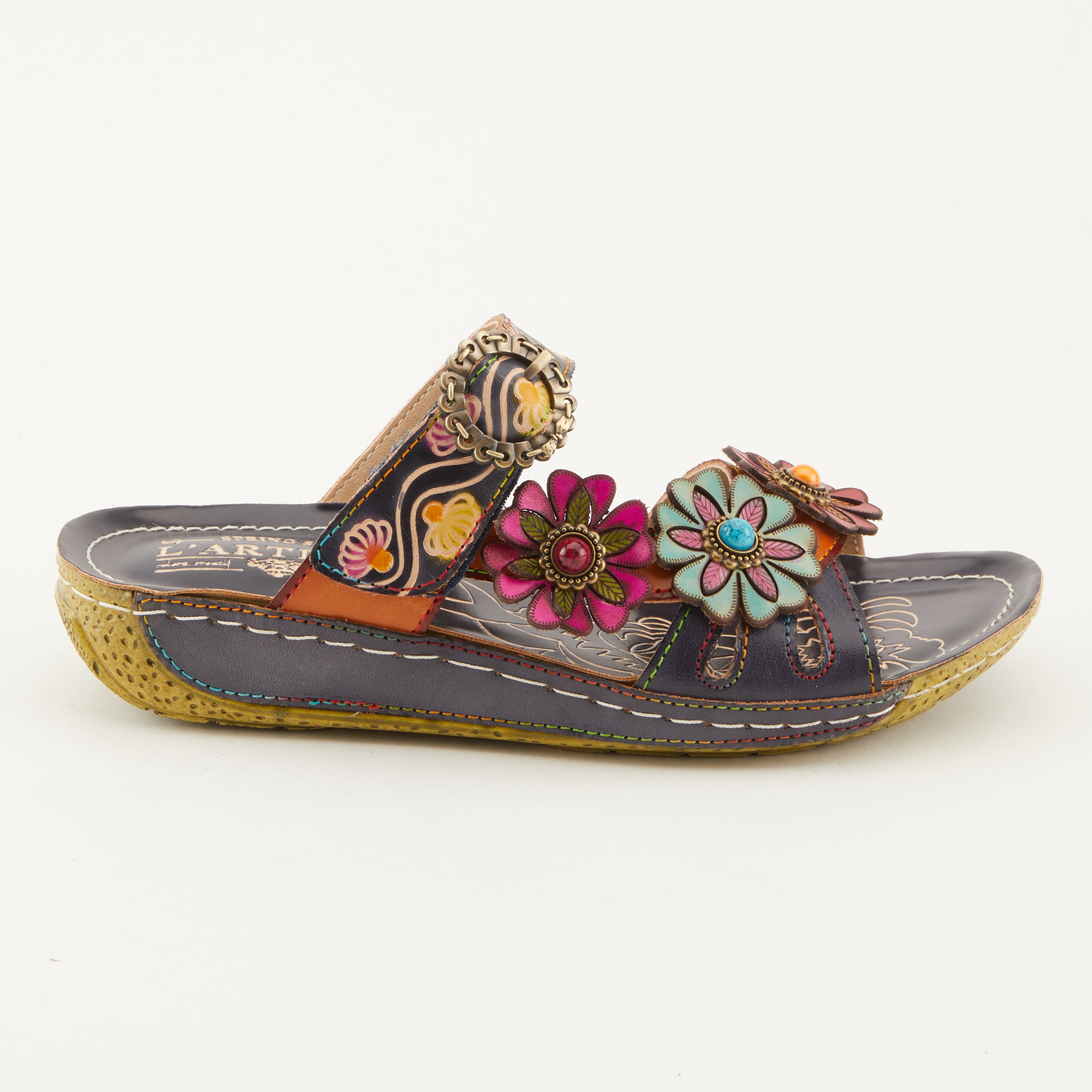 L'Artiste L'ARTISTE ARIALA SLIDE SANDALS sandal in dark pink multi with handcrafted leather design