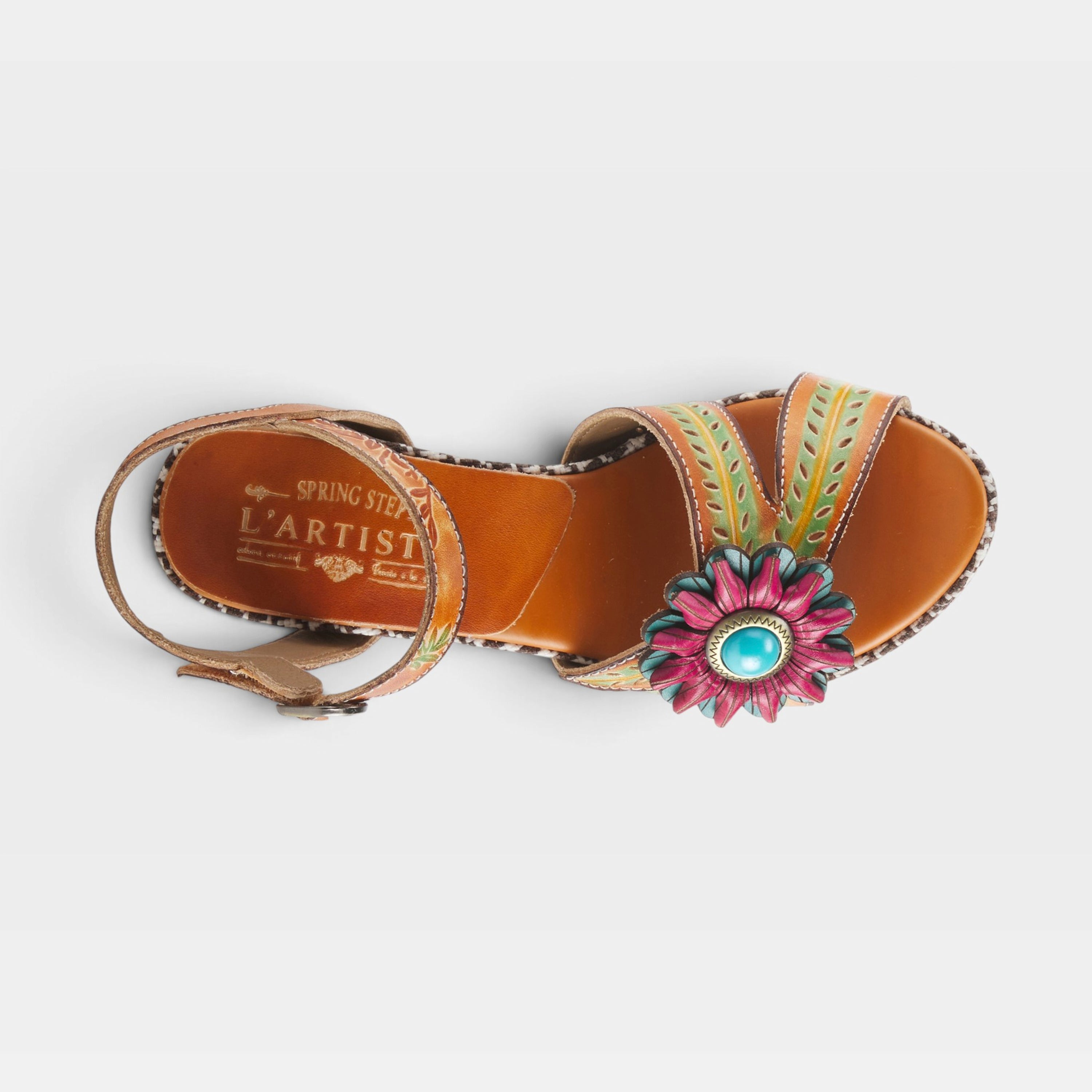 L'Artiste Astarr sandals in Camel Multi, top view