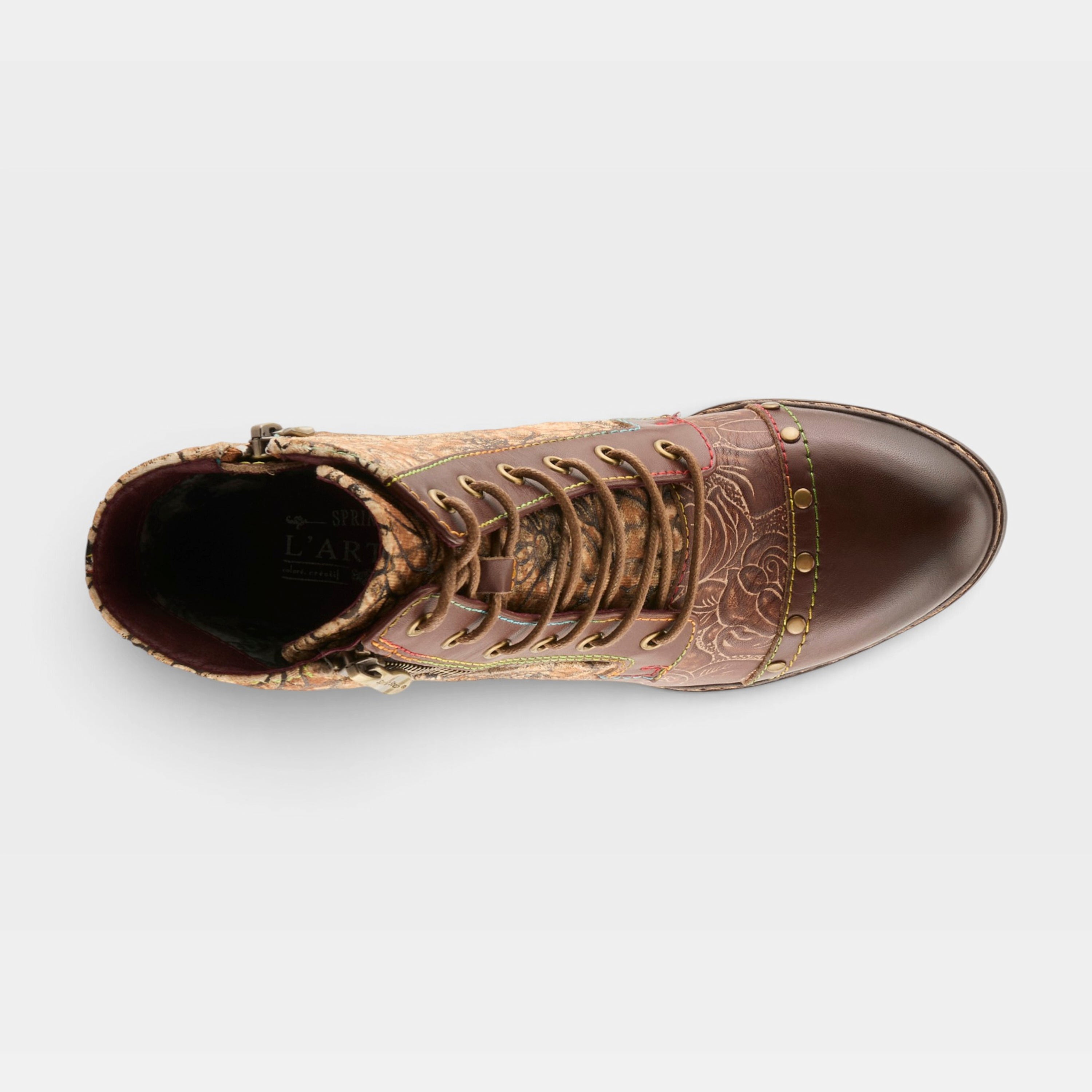 L'Artiste Avyanna boots in Medium Brown Multi, top view