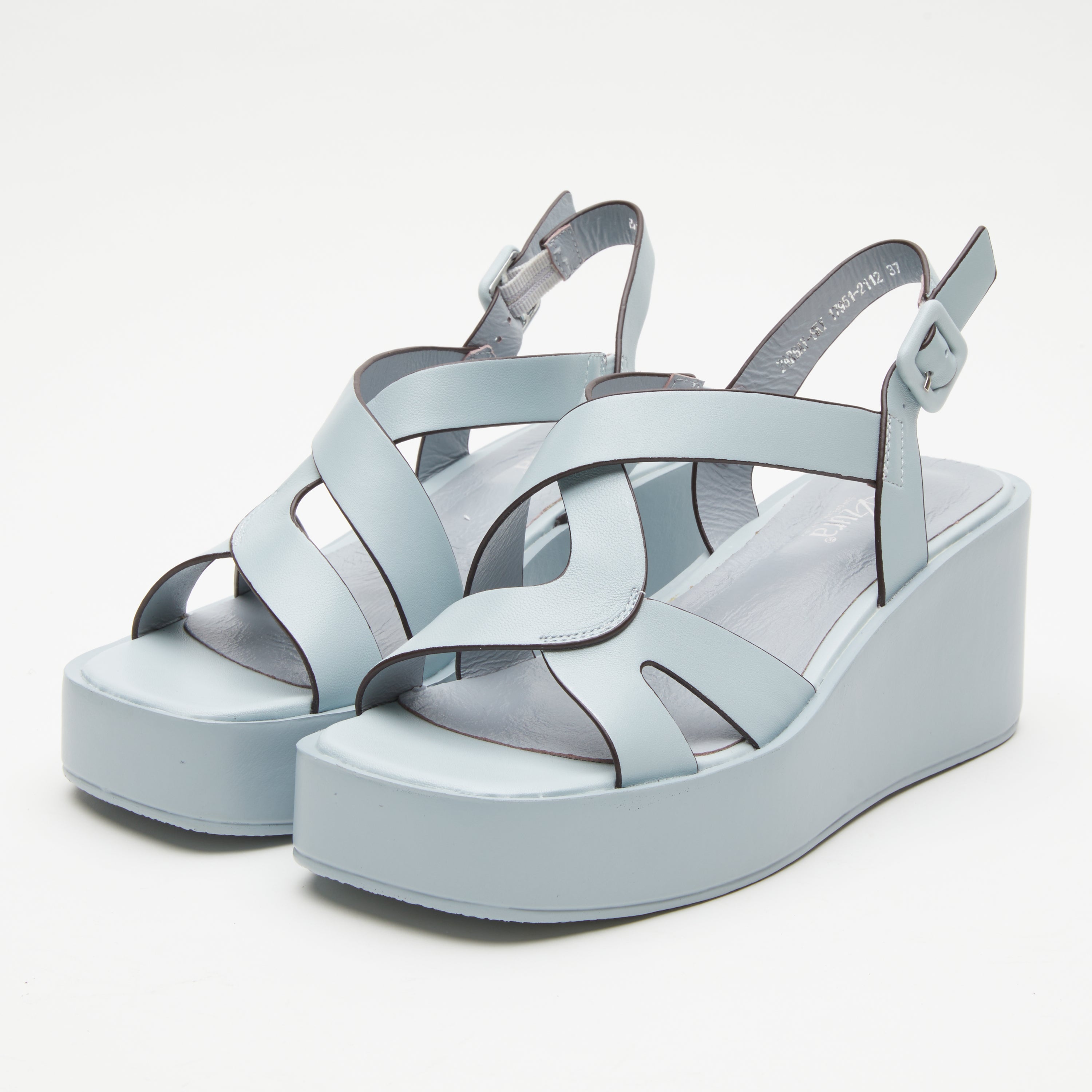 Azura Barbay Slingback women's wedge sandal in sky blue with leather upper and buckle detail