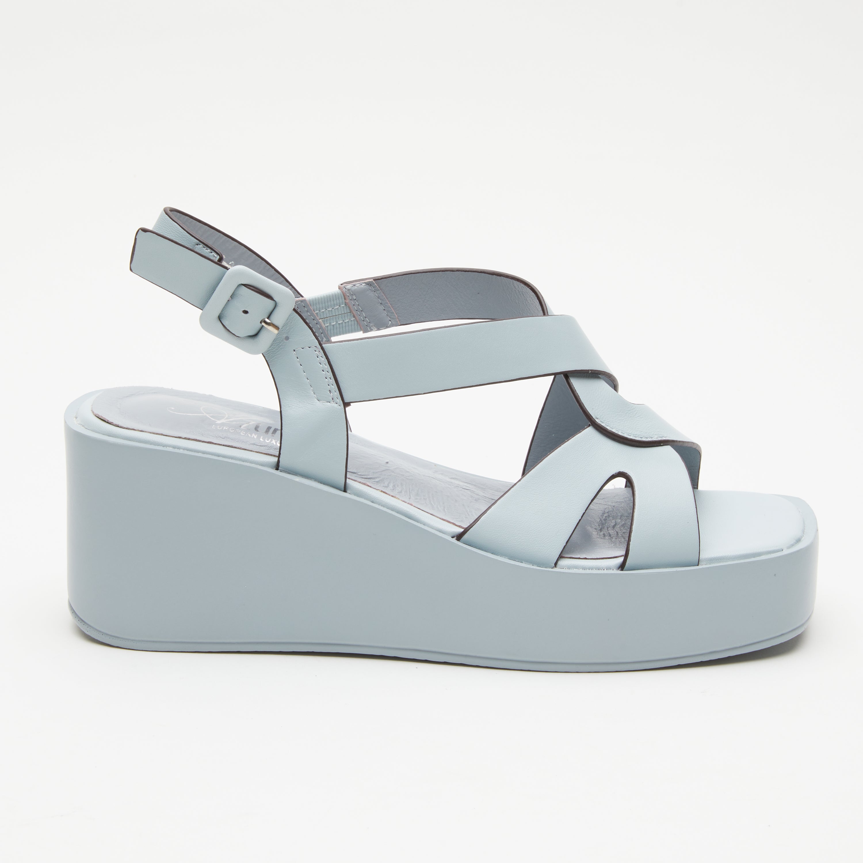 Azura Barbay Slingback women's wedge sandal in sky blue with leather upper and buckle detail