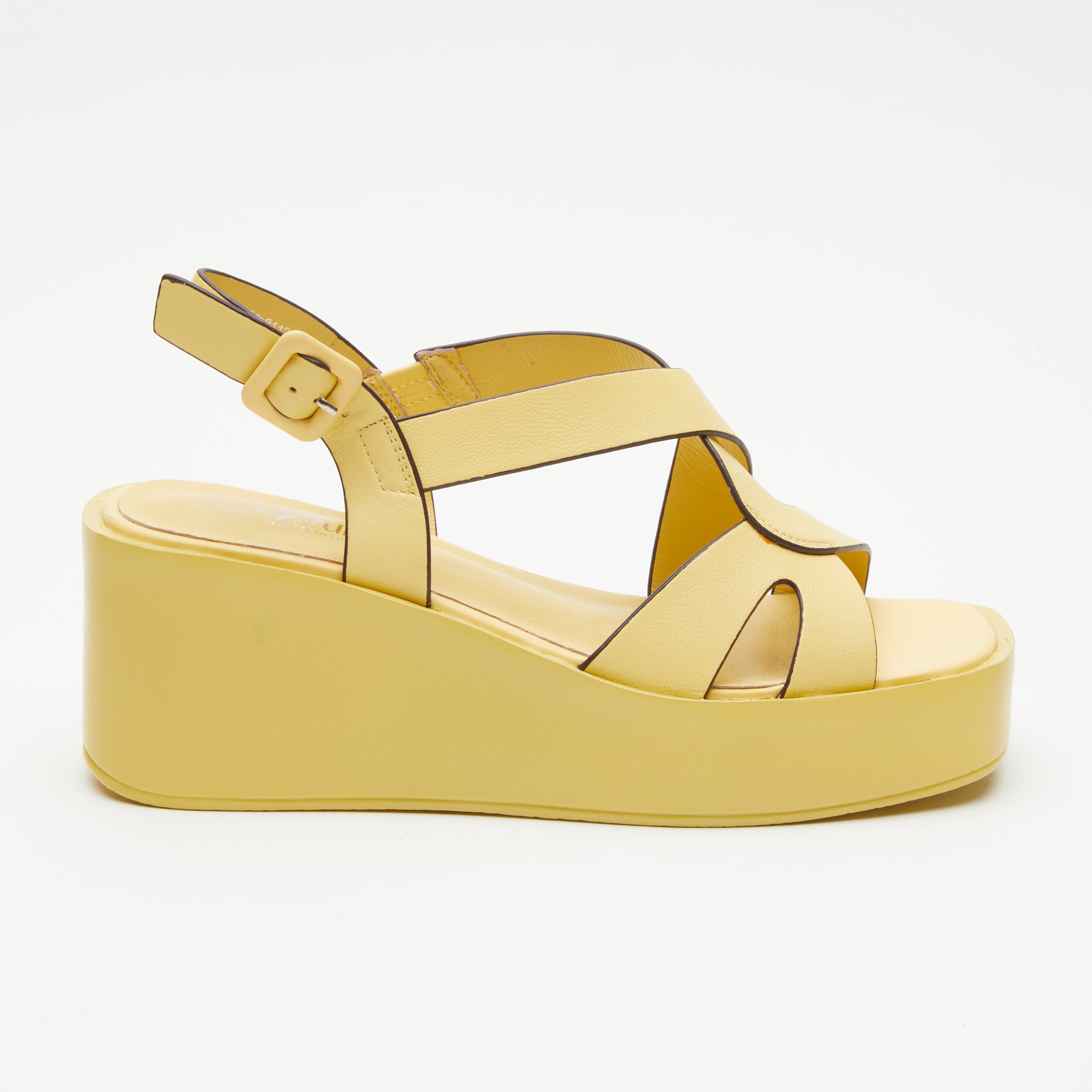 Azura Barbay Slingback women's wedge sandal in yellow with leather upper and buckle detail