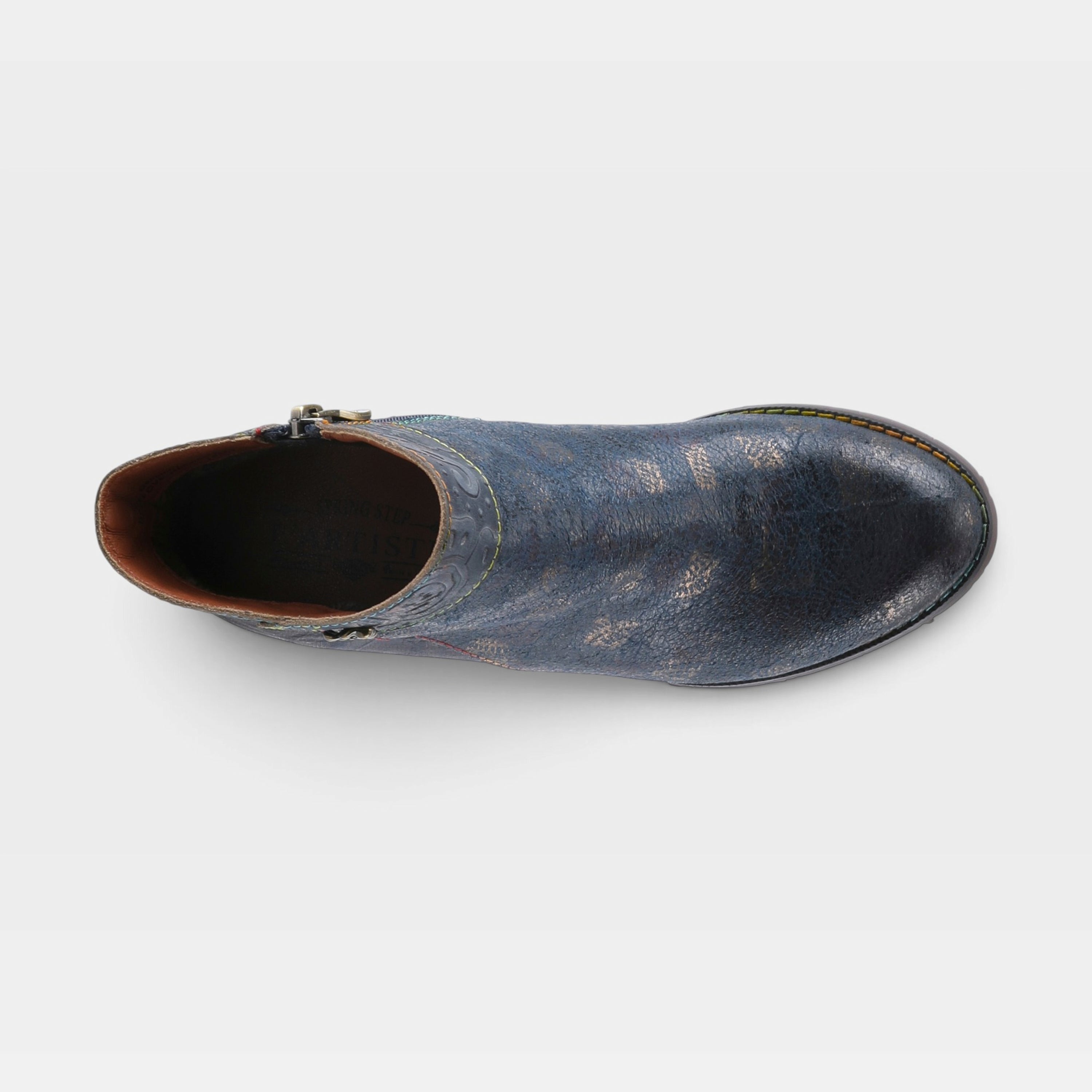 L'Artiste Bestlove boots in Navy Multi, top view