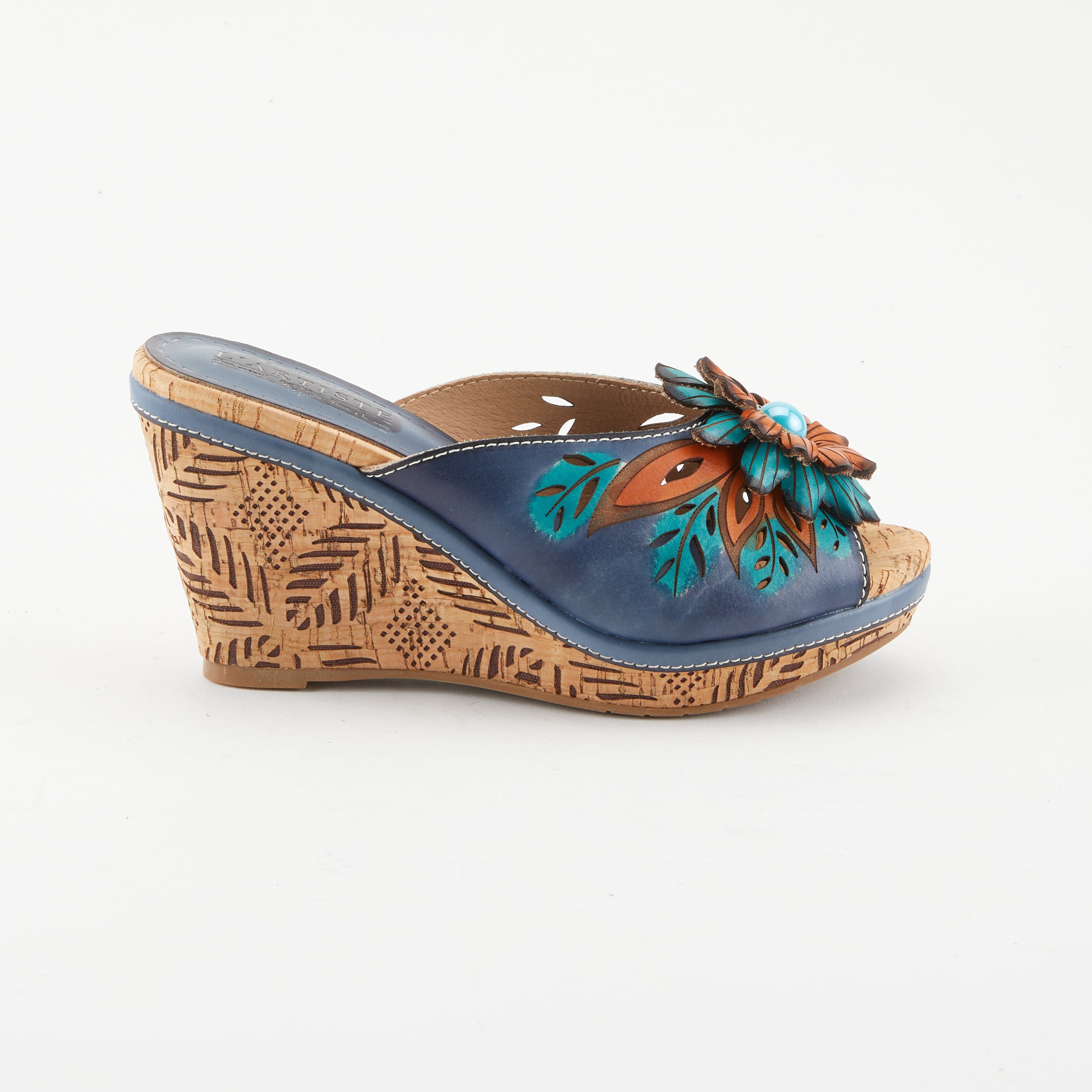 L'Artiste L'ARTISTE BLOOM SLIDE SANDALS sandal in blue multi with handcrafted leather design