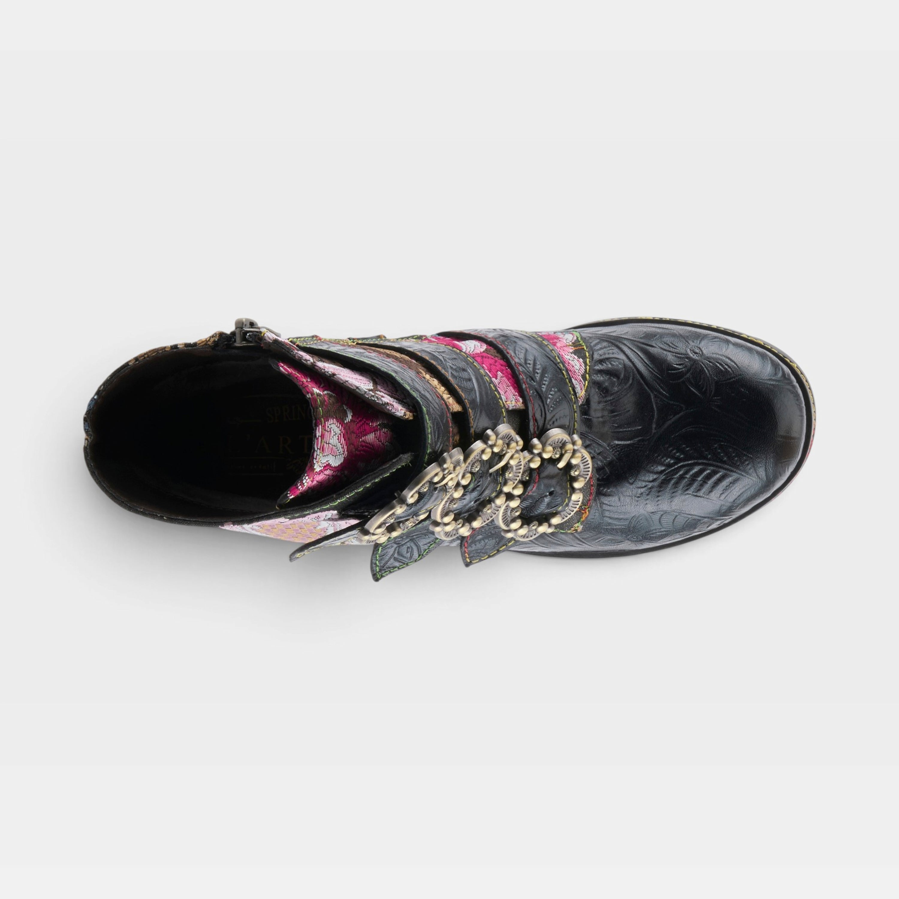 L'Artiste Brazza boots in Black Multi, top view