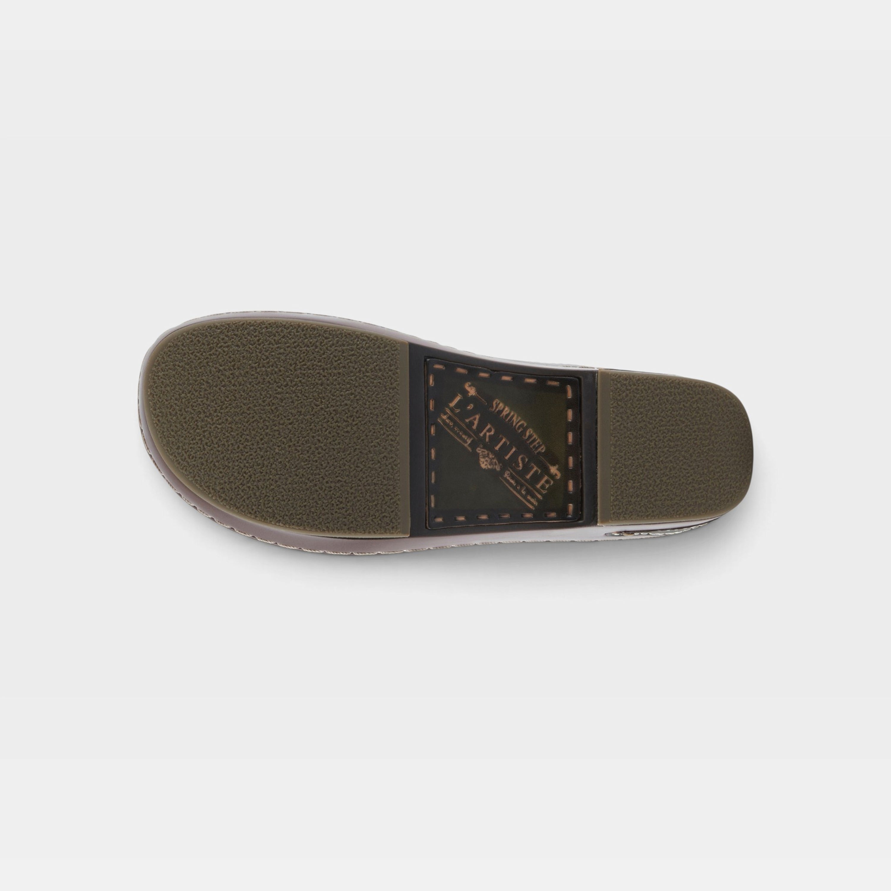 L'Artiste Burbank clogs in Olive Green, outsole view