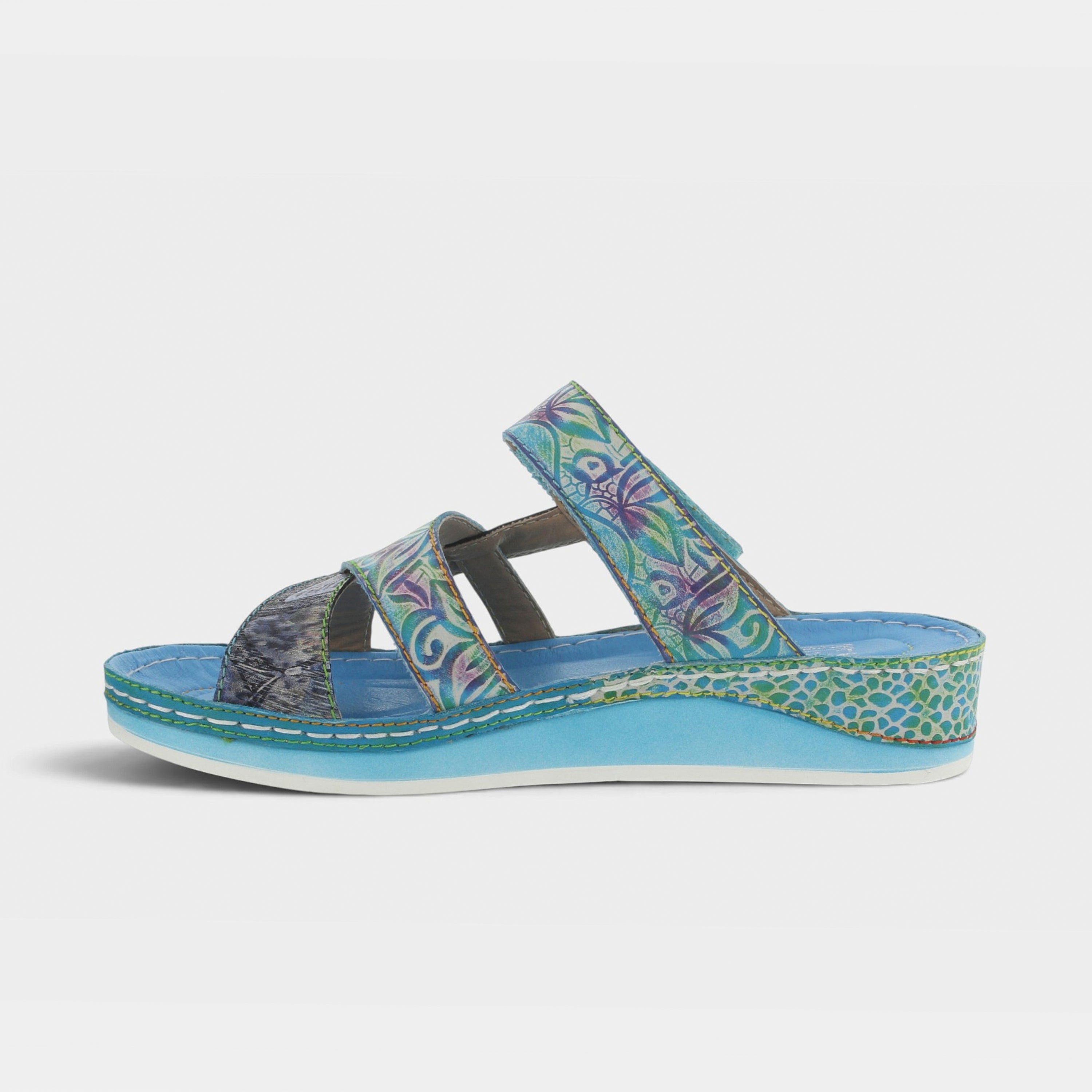 L'Artiste Caiman slide sandals in Aqua Multi, side view