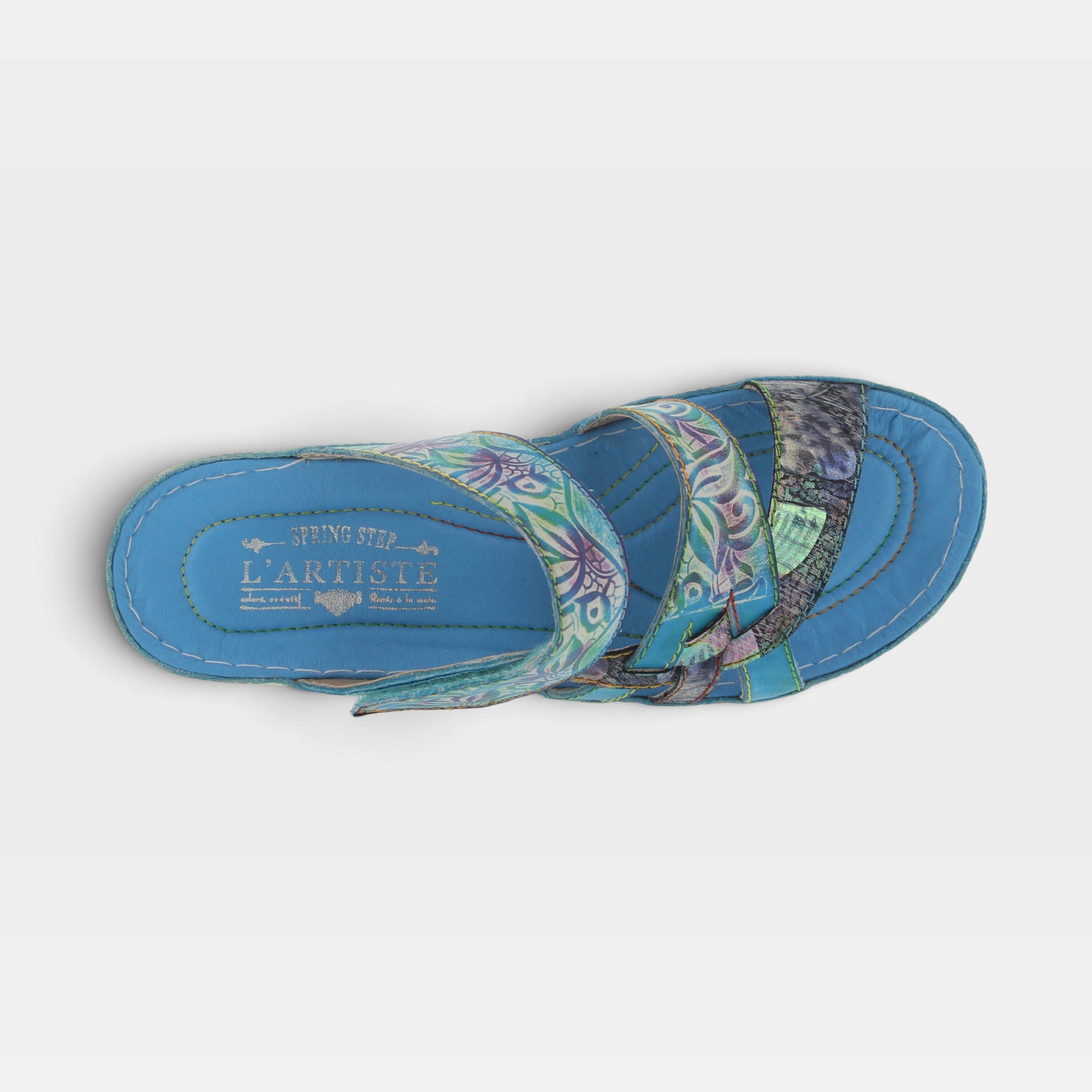 L'Artiste Caiman slide sandals in Aqua Multi, top view