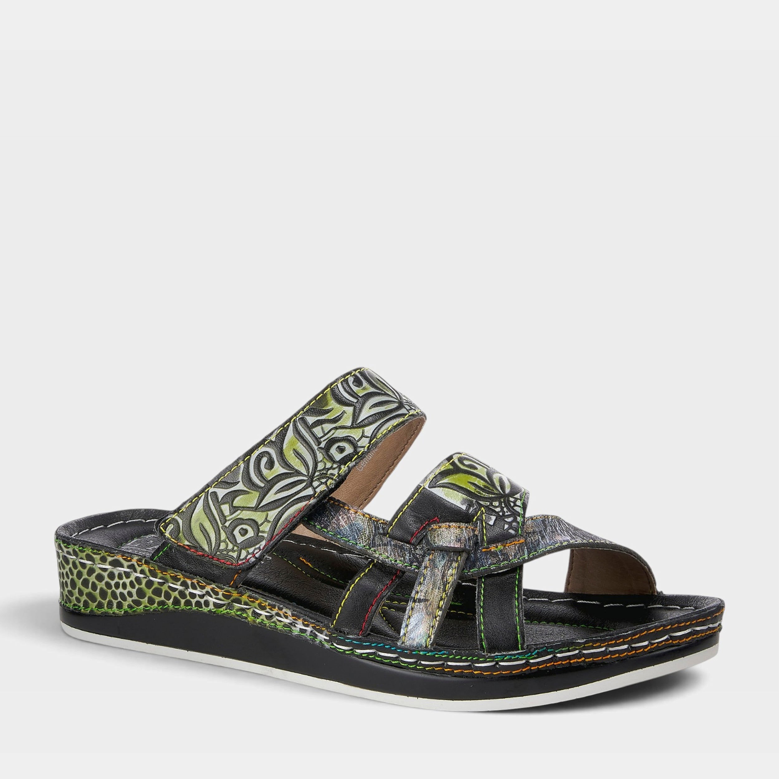L'Artiste Caiman Slide Sandal in BLACK MULTI, front view