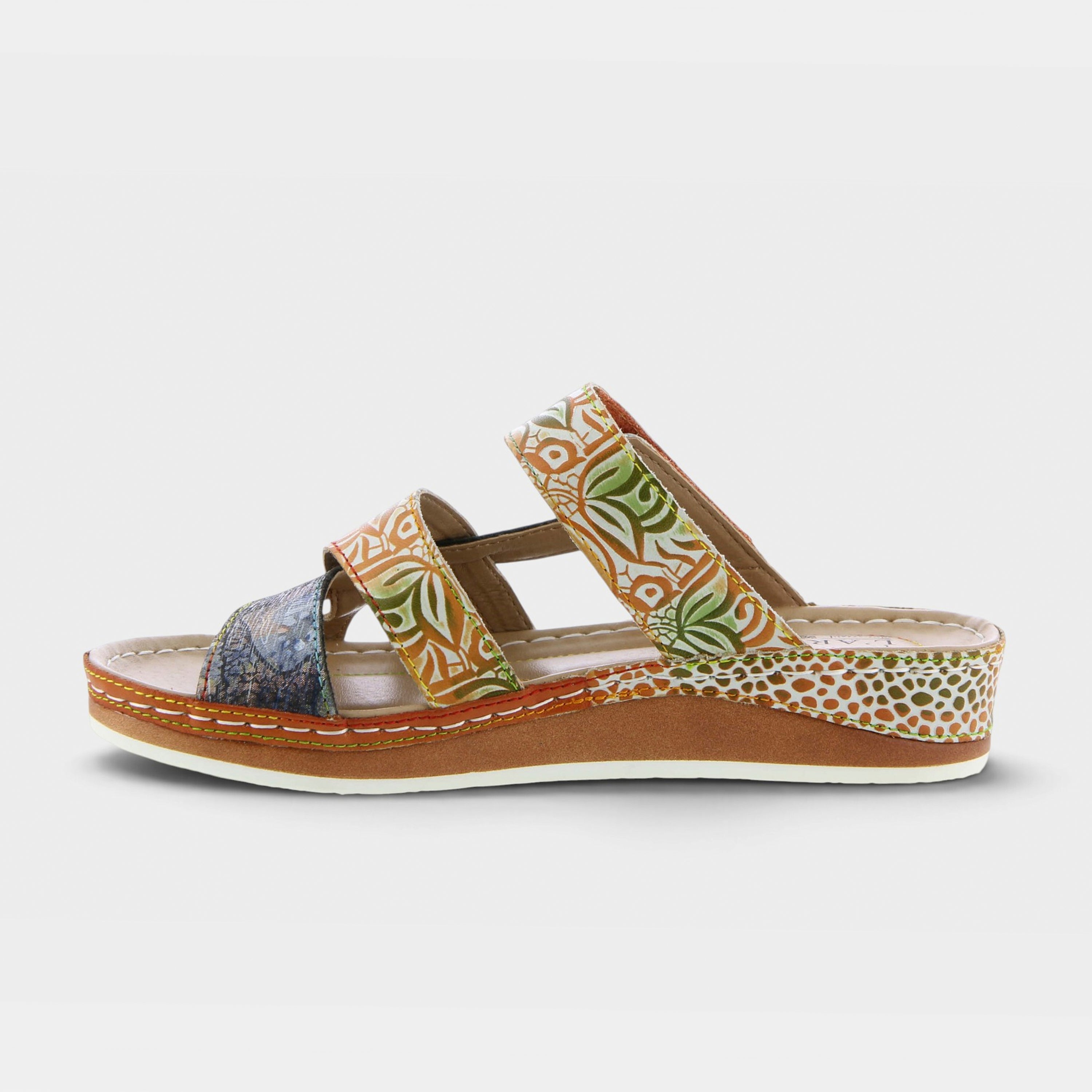 L'Artiste Caiman slide sandals in Camel Multi, side view