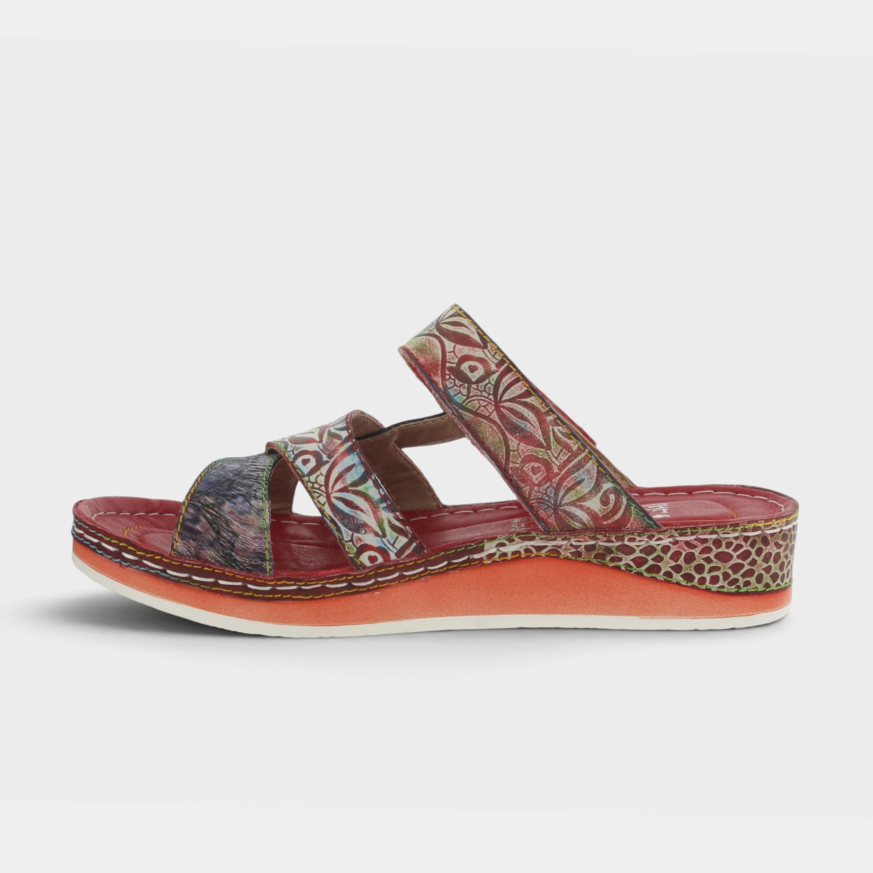 L'Artiste Caiman slide sandals in Red Multi, side view