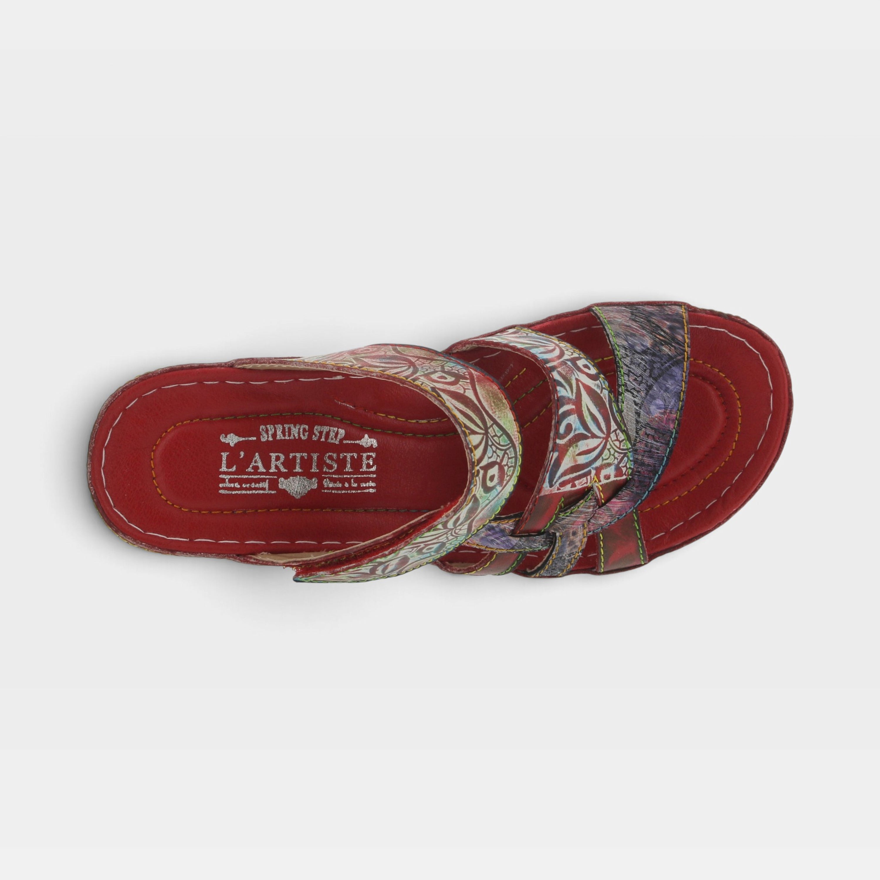 L'Artiste Caiman slide sandals in Red Multi, top view