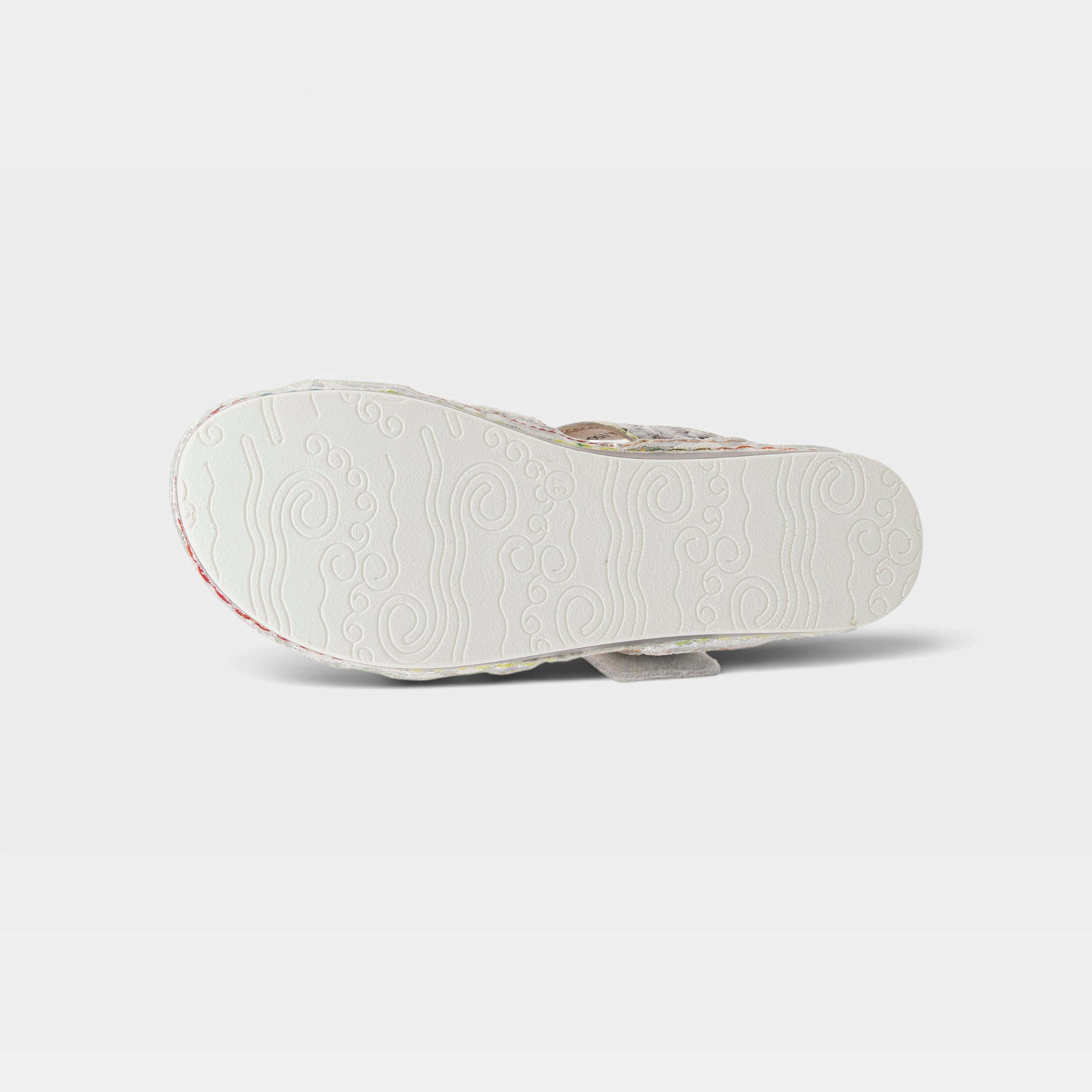L'Artiste Caiman slide sandals in Silver Multi, outsole view