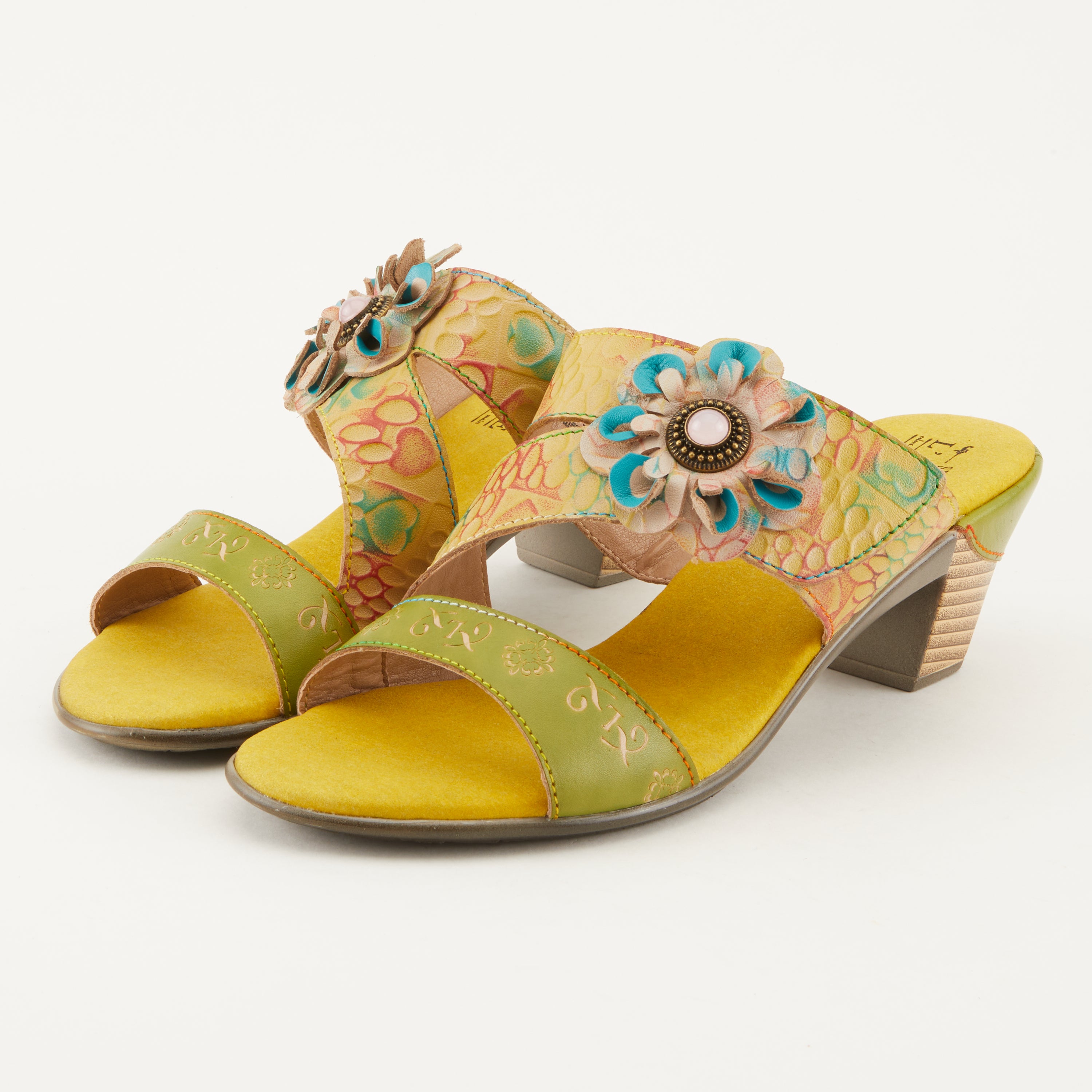 L'Artiste L'ARTISTE CLASSICAL SLIDE SANDALS sandal in yellow multi with handcrafted leather design