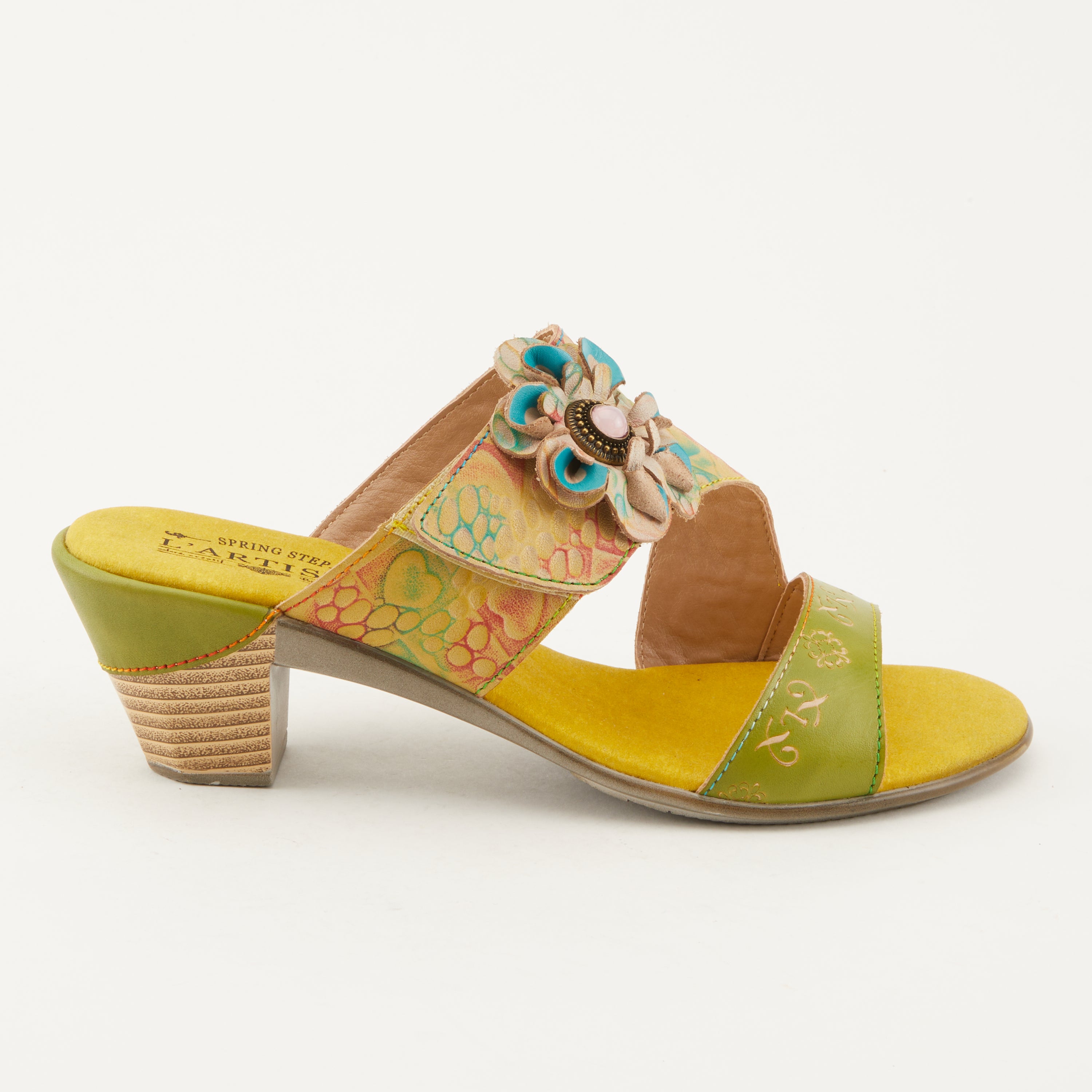 L'Artiste L'ARTISTE CLASSICAL SLIDE SANDALS sandal in yellow multi with handcrafted leather design