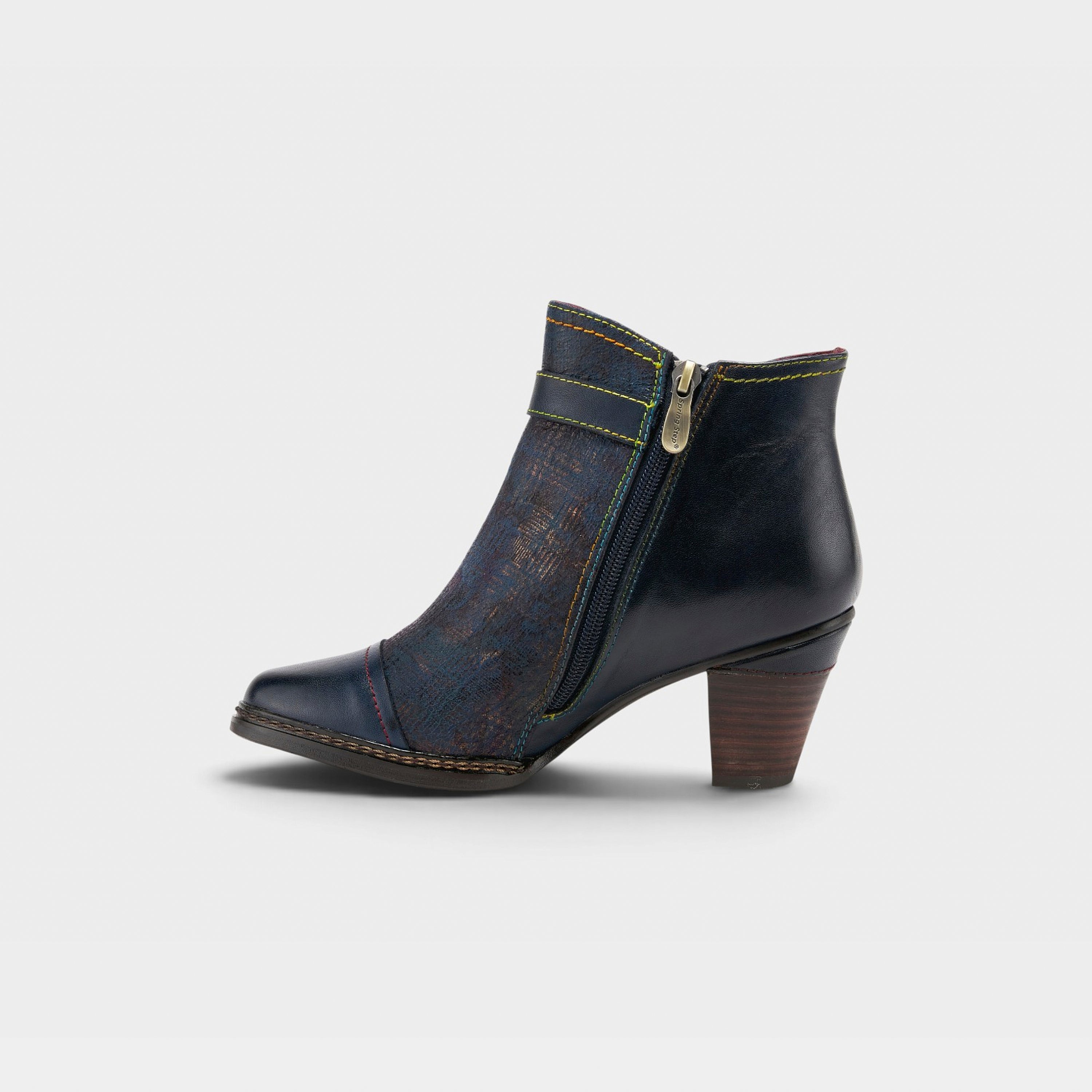 L'Artiste Captivate booties in Navy Multi, side view