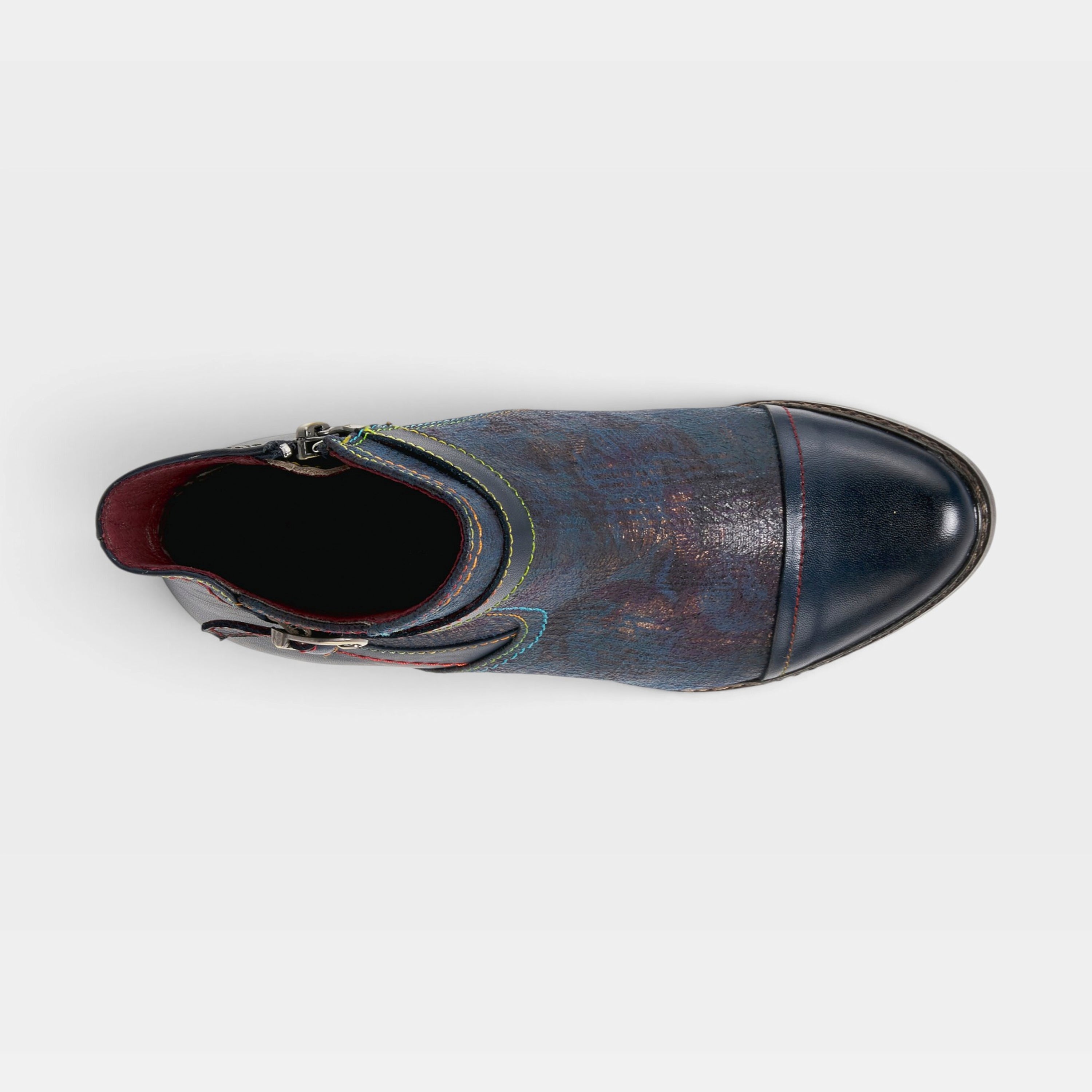 L'Artiste Captivate booties in Navy Multi, top view