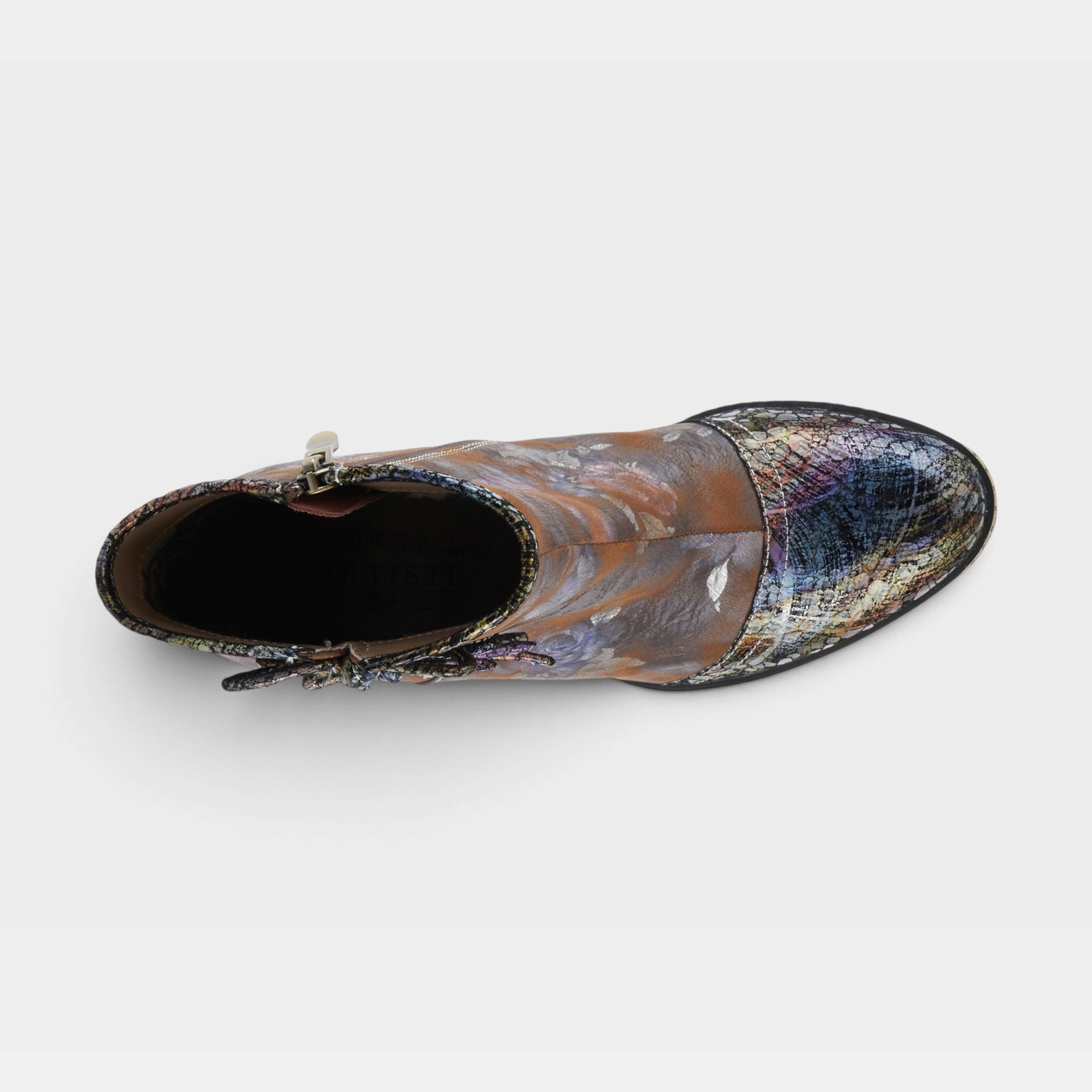 L'Artiste Carre boots in Brown Multi, top view