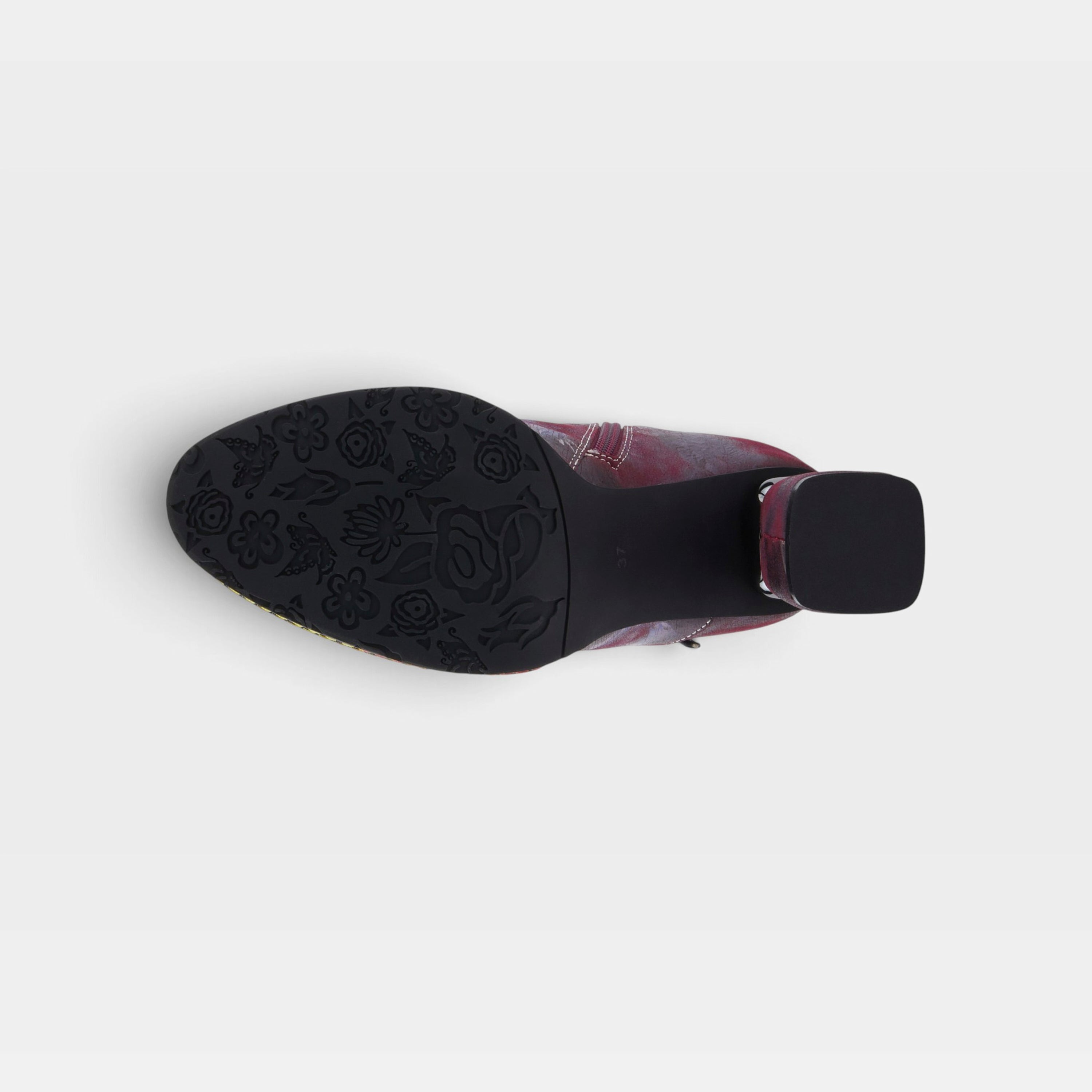 L'Artiste Carre boots in Plum Multi, outsole view