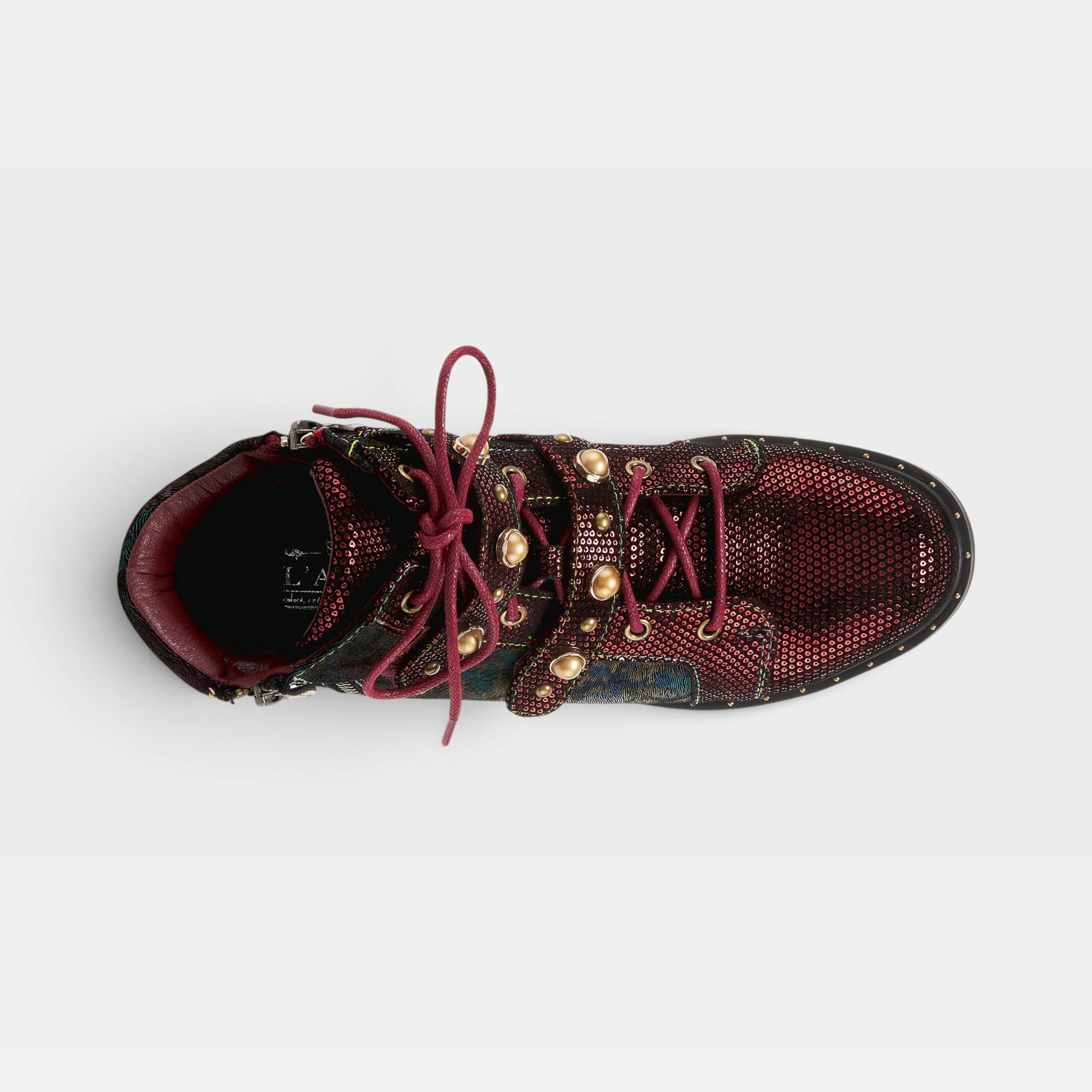 L'Artiste Chrissy booties in Red Multi, top view
