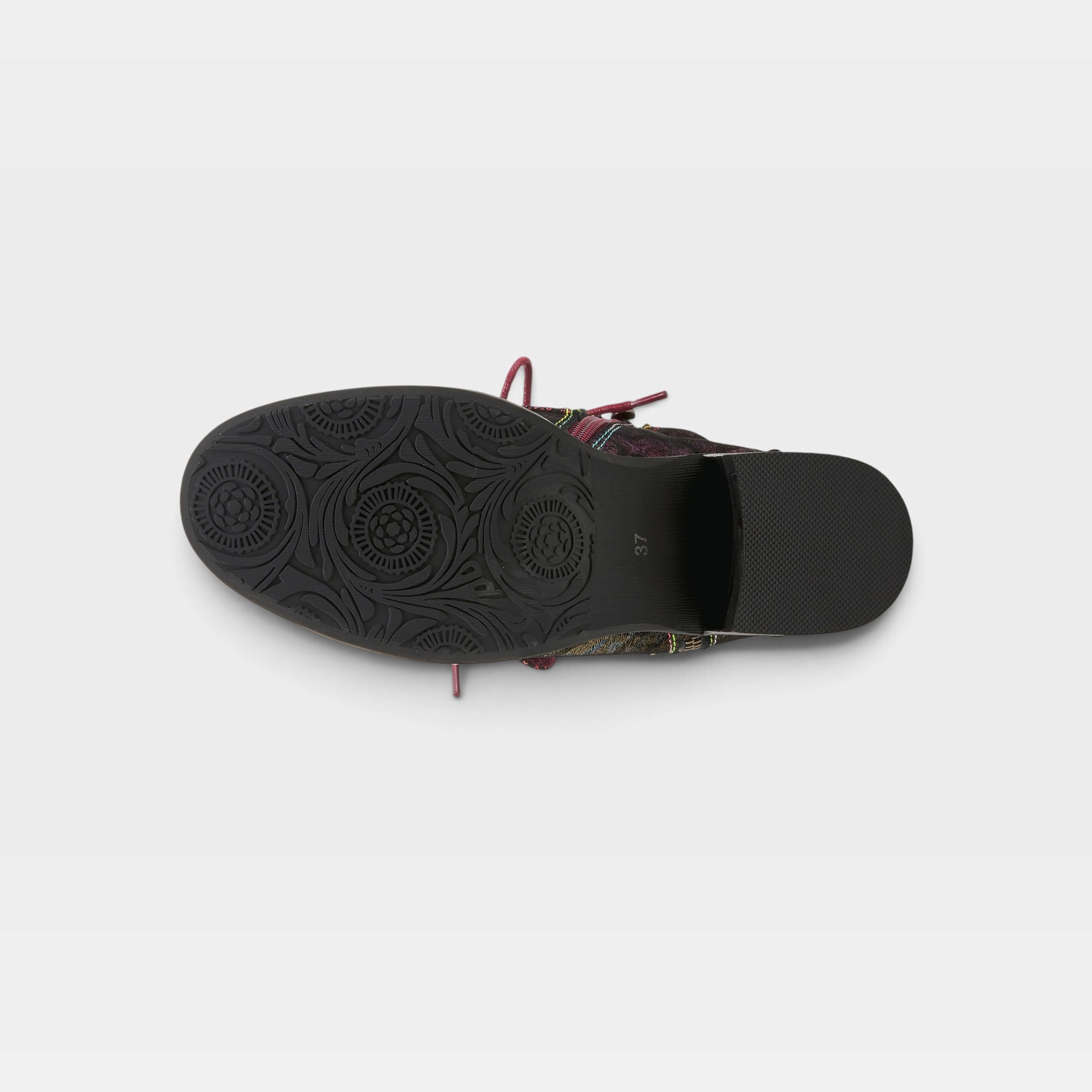 L'Artiste Chrissy booties in Red Multi, outsole view