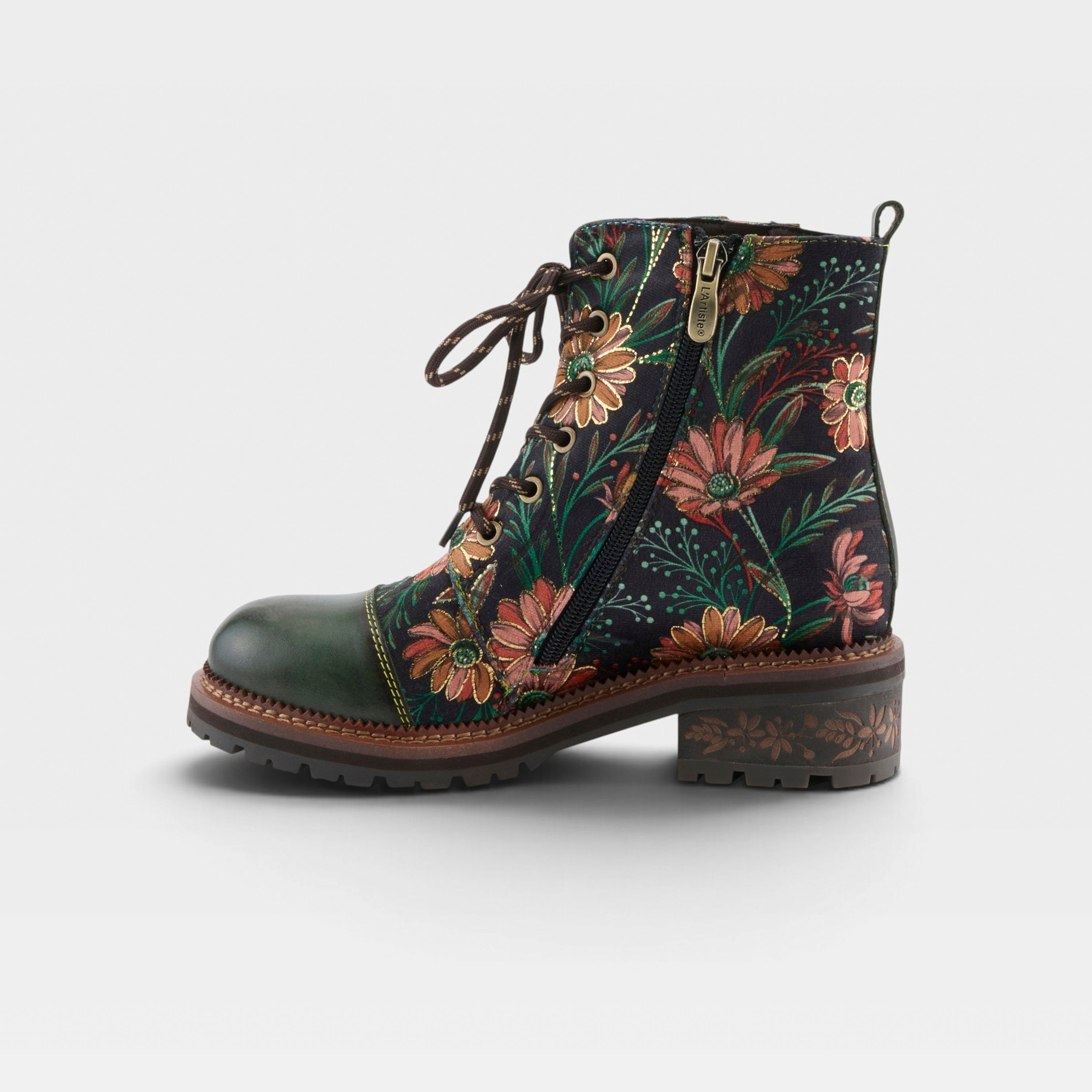 L'Artiste Cordea boots in Green Multi, side view