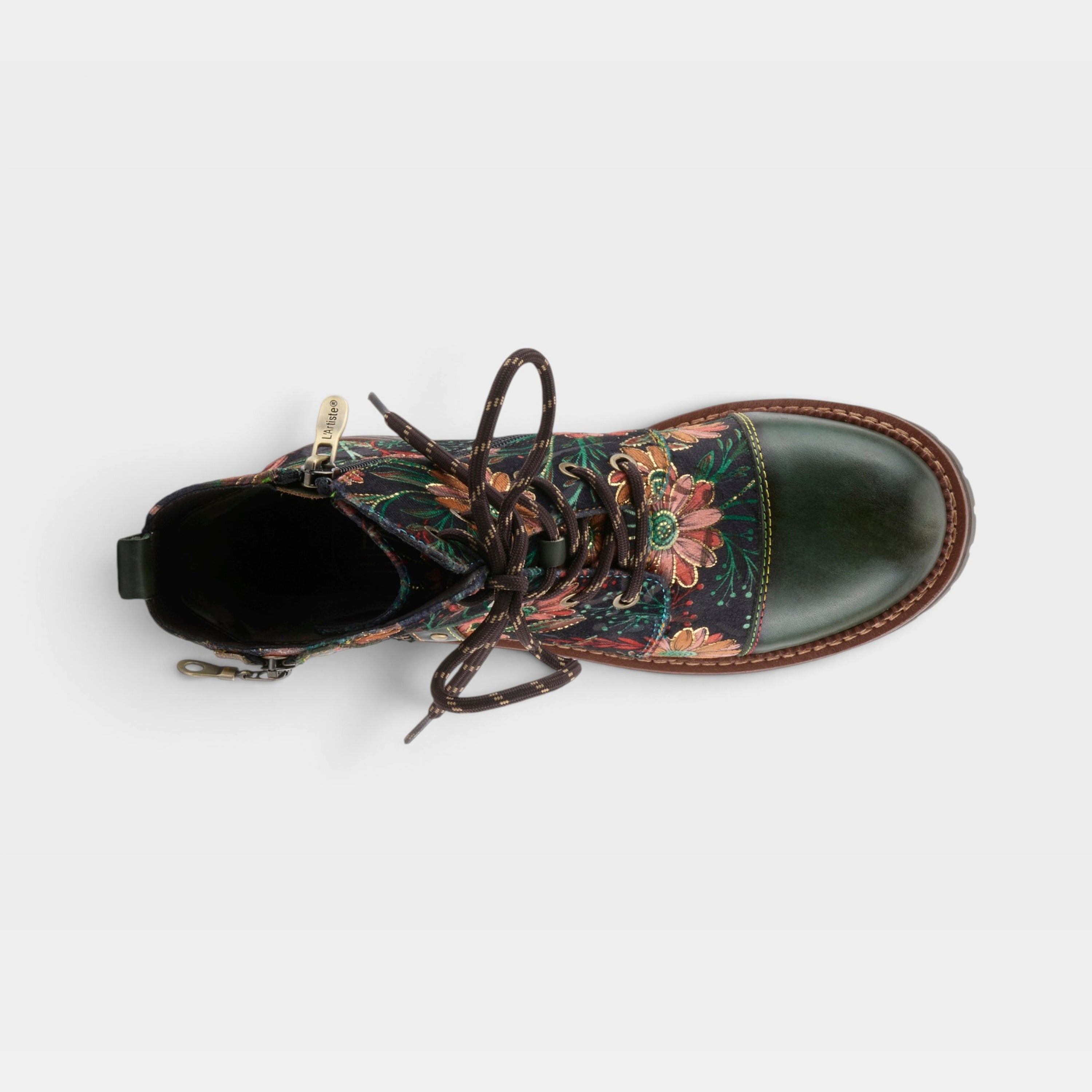L'Artiste Cordea boots in Green Multi, top view