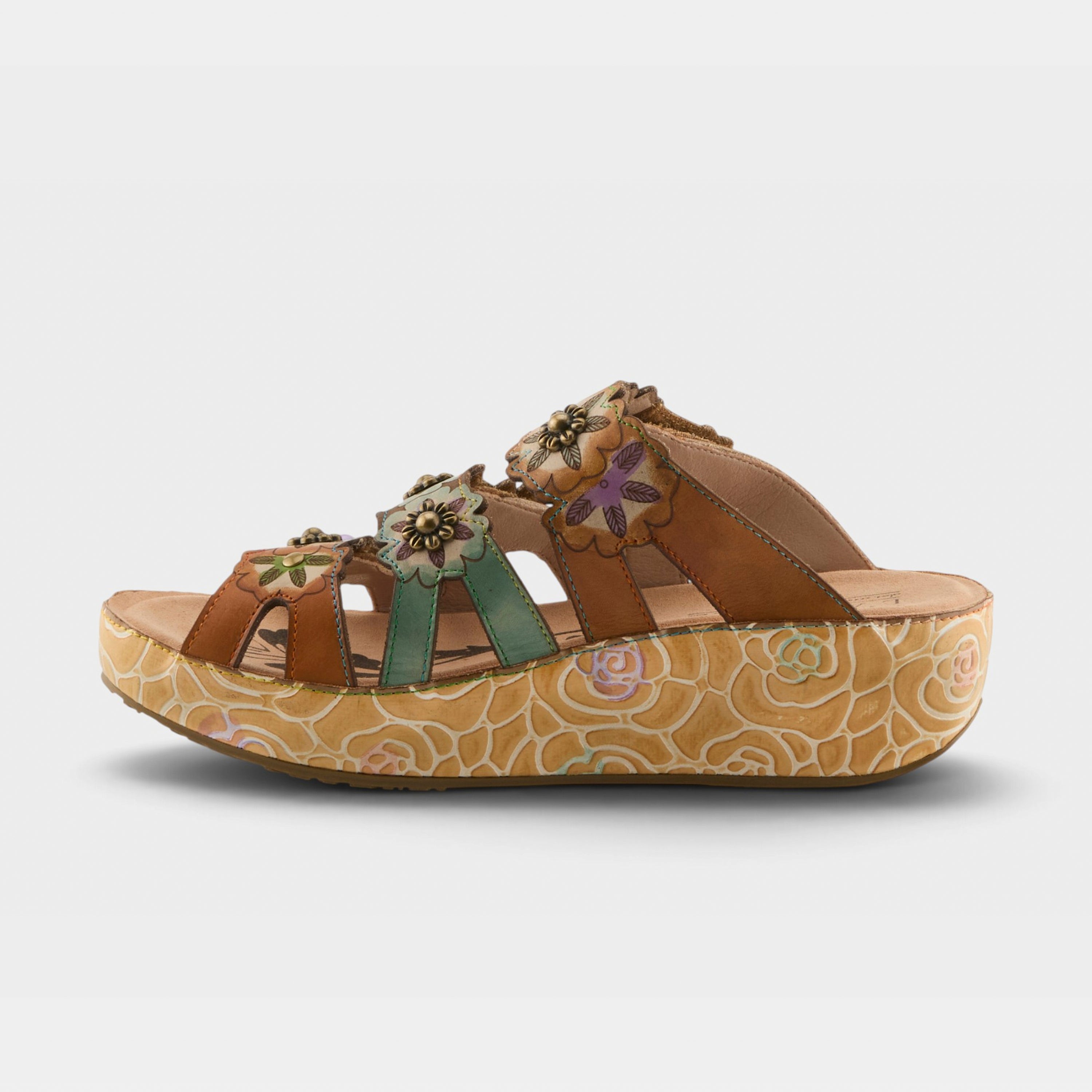 L'Artiste Cuddlecake sandals in Camel Multi, side view