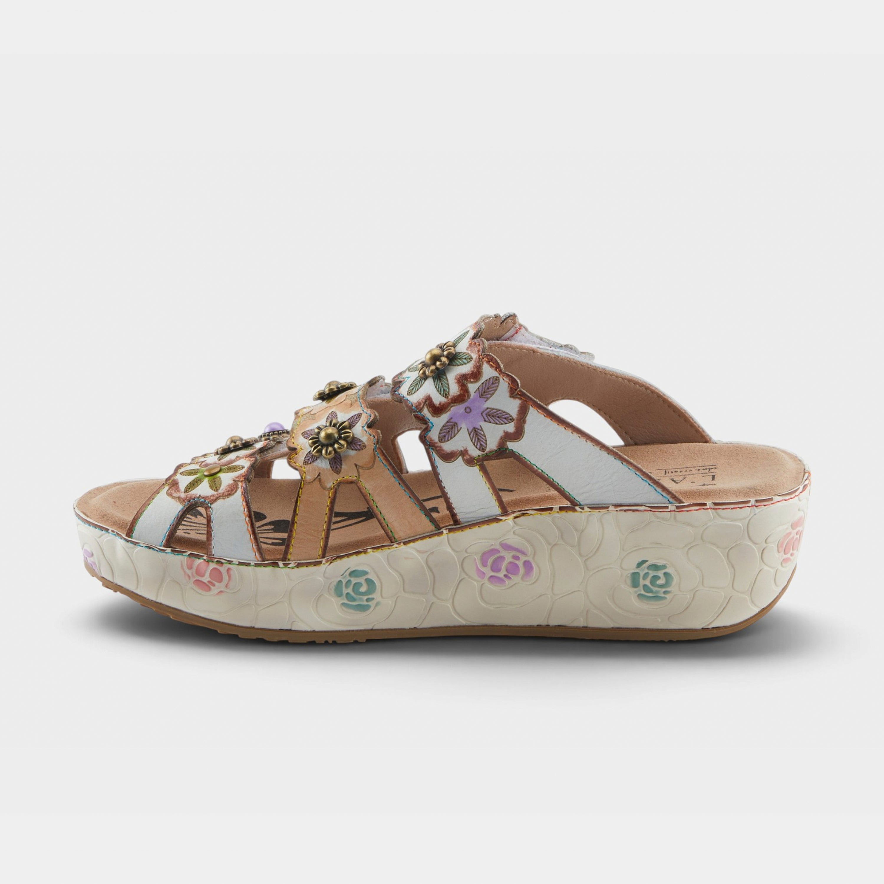 L'Artiste Cuddlecake sandals in White Multi, side view