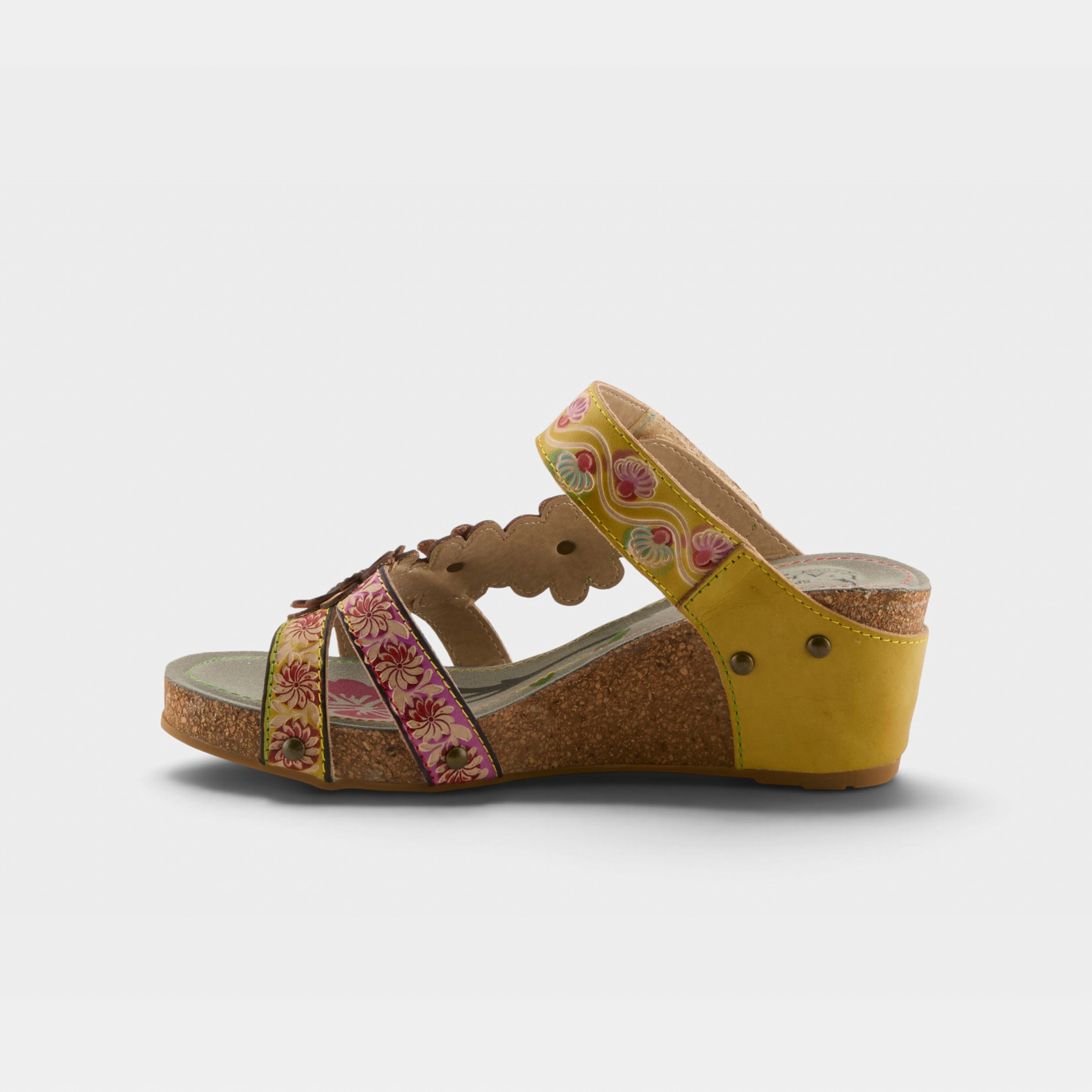 L'Artiste Delight slide sandals in Yellow Multi, side view