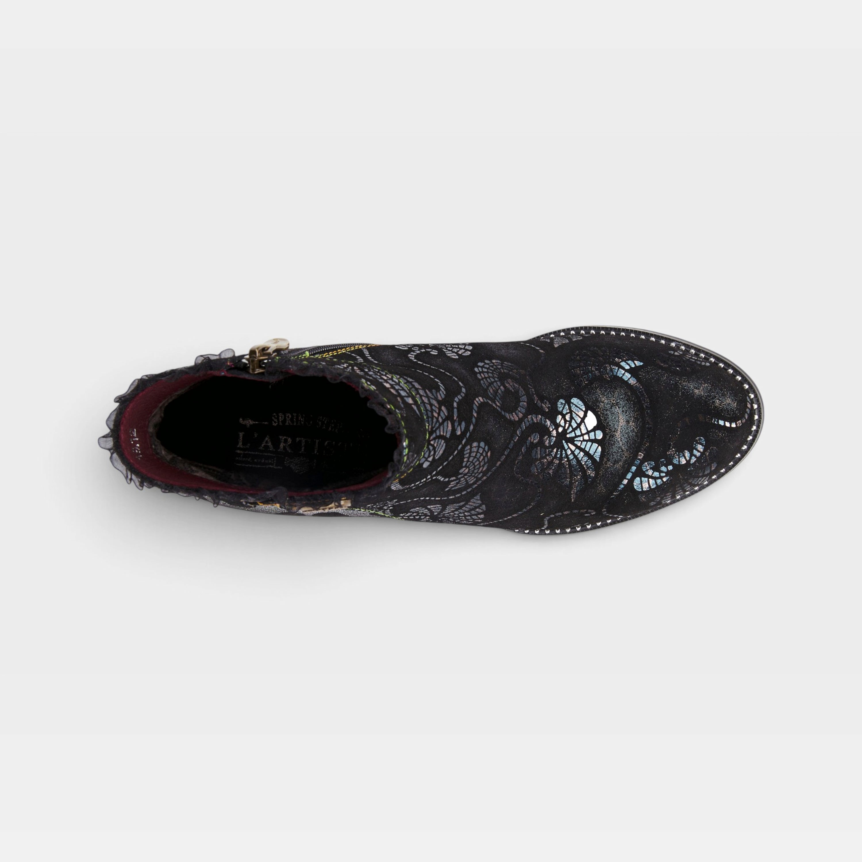 L'Artiste Dessa bootie in Black Multi, top view