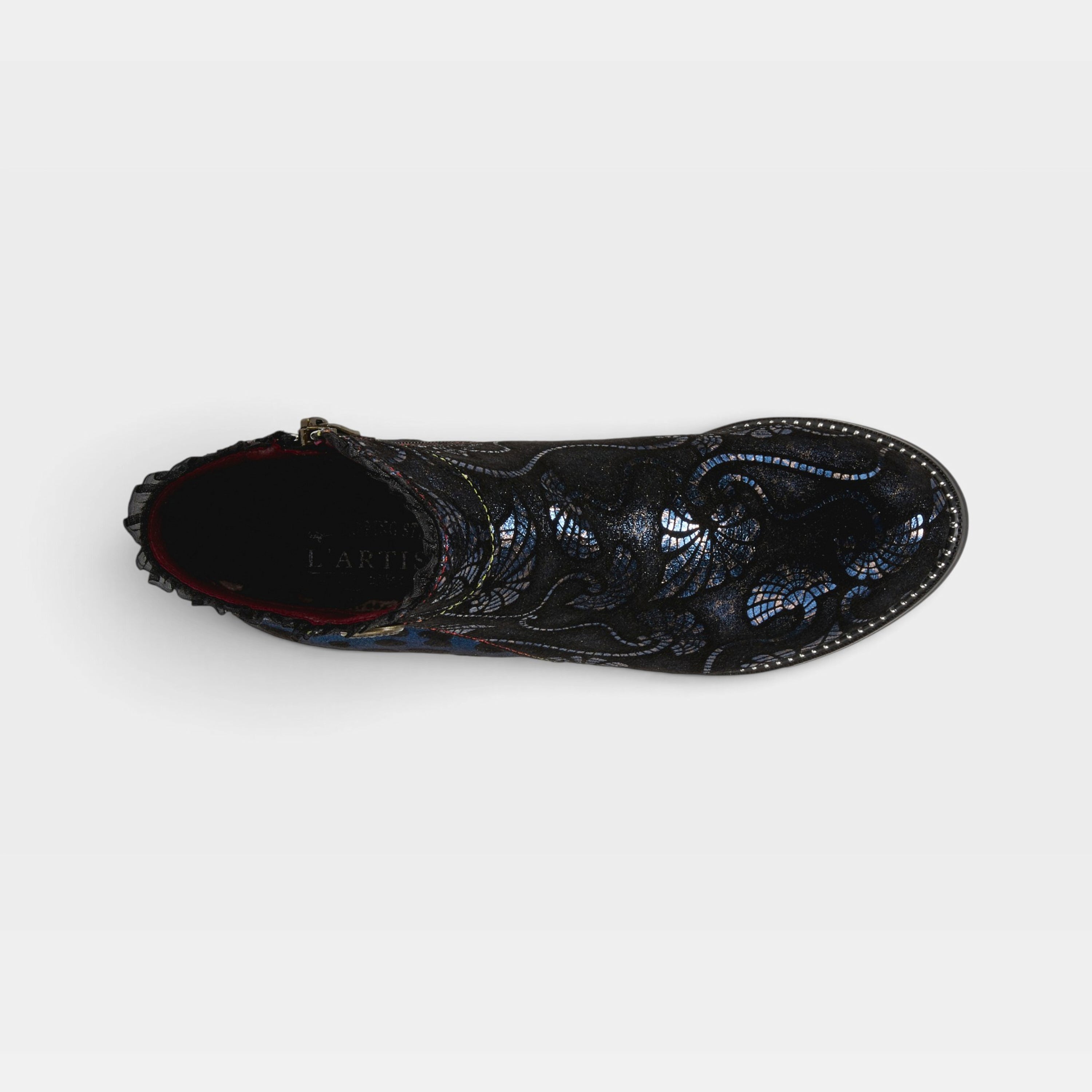 L'Artiste Dessa bootie in Navy Multi, top view