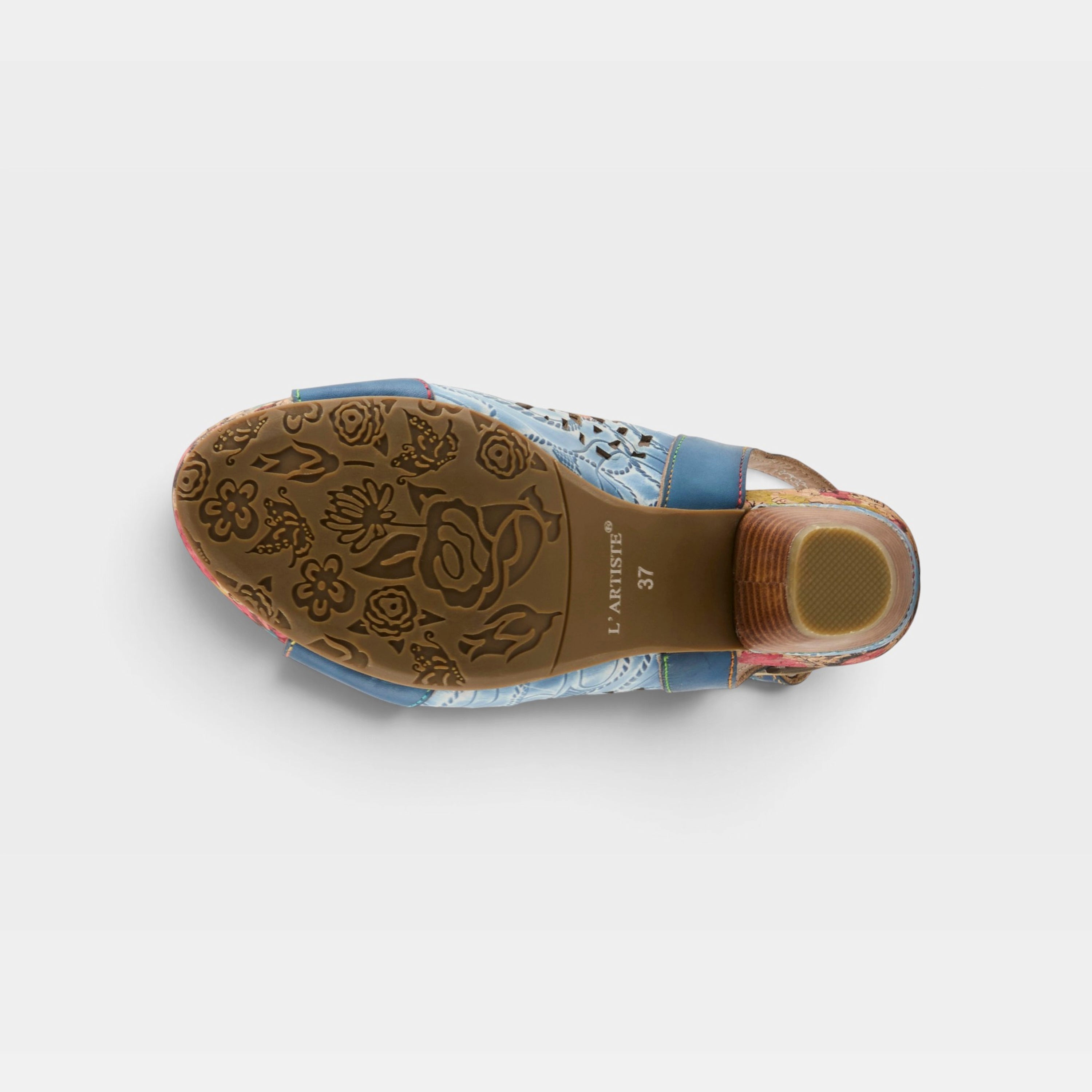 L'Artiste Eclipsing sandals in Blue Multi, outsole view