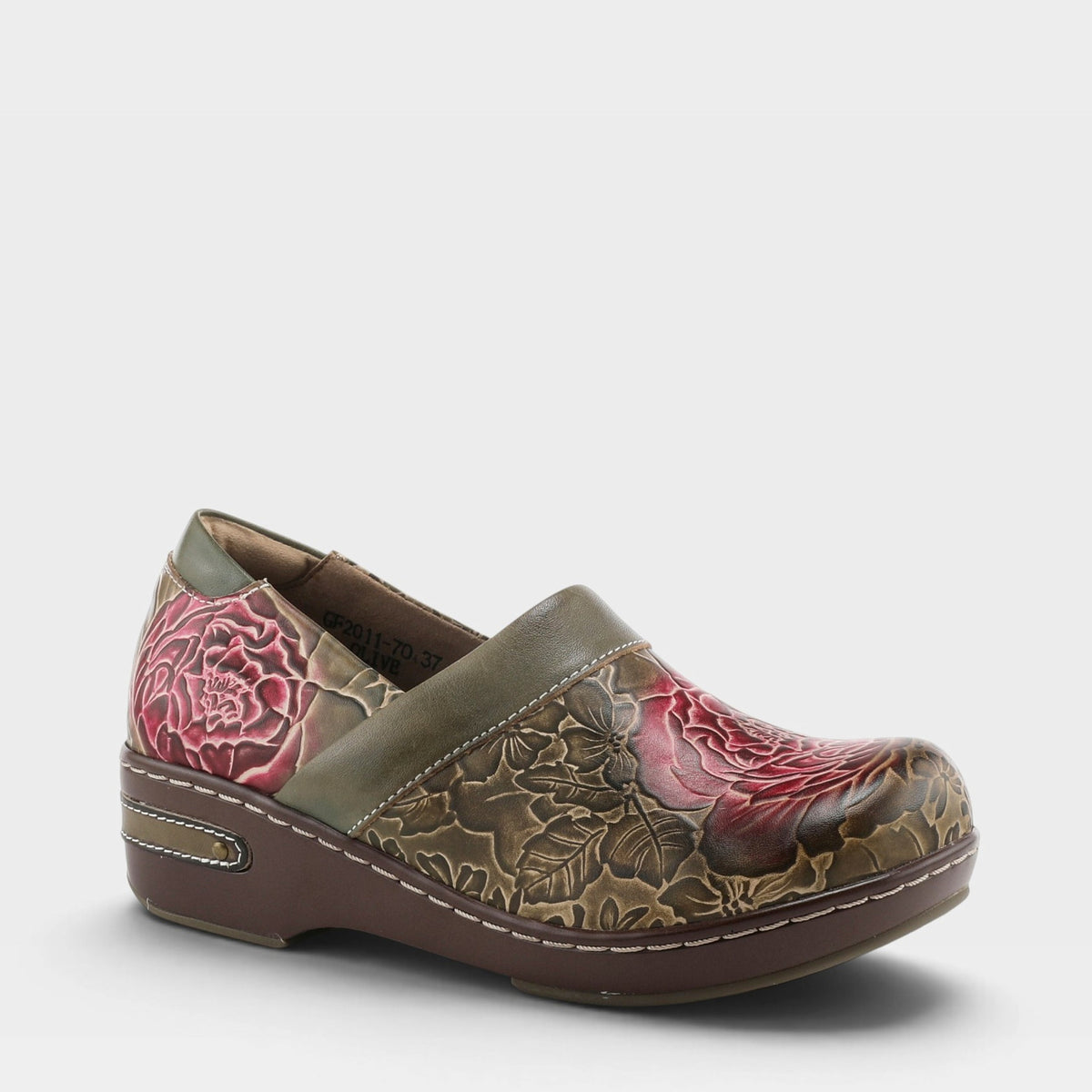 L'Artiste ELKAYJAY SLIP-ON CLOGS in OLIVE MULTI, front view