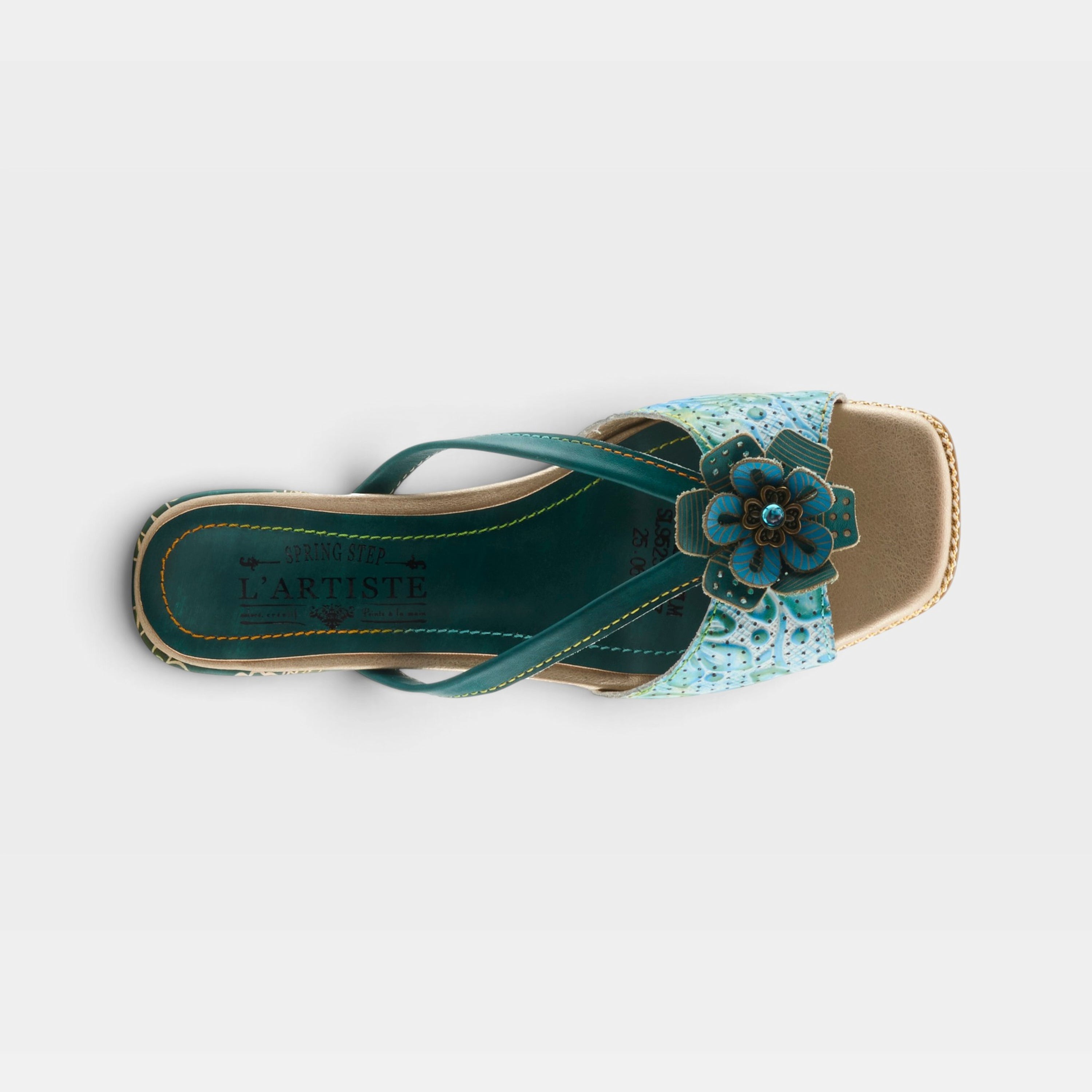 L'Artiste Europa sandals in Teal Multi, top view