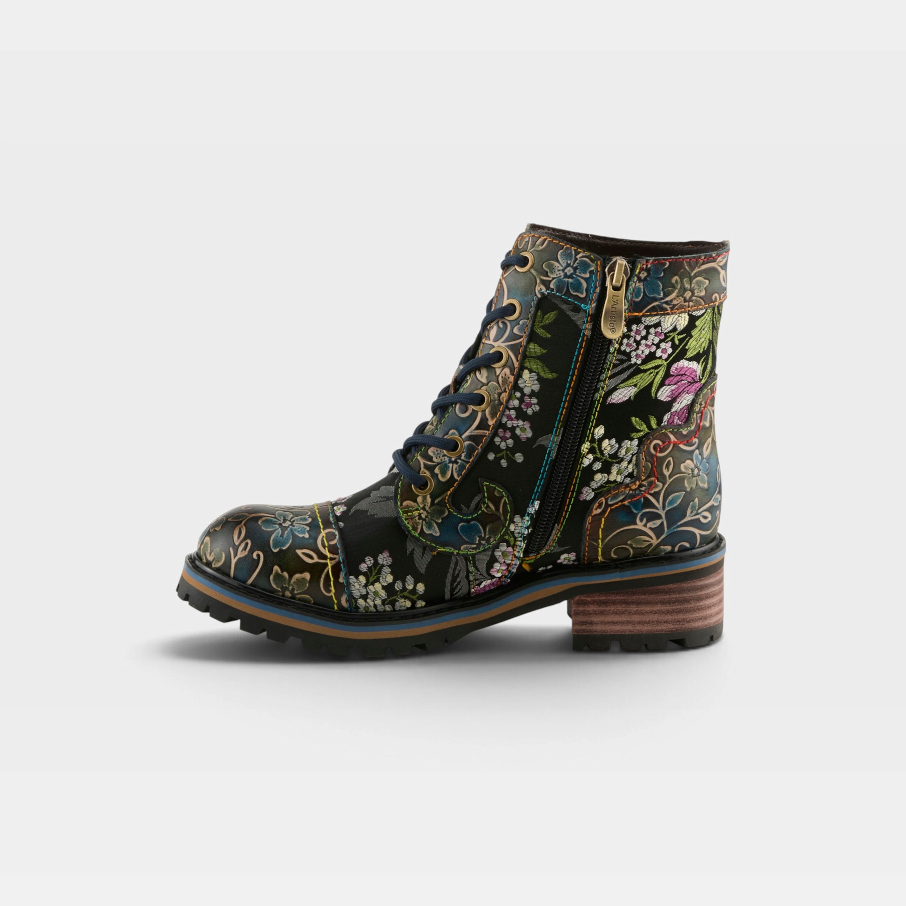 L'Artiste Fantastic booties in Blue Multi, side view