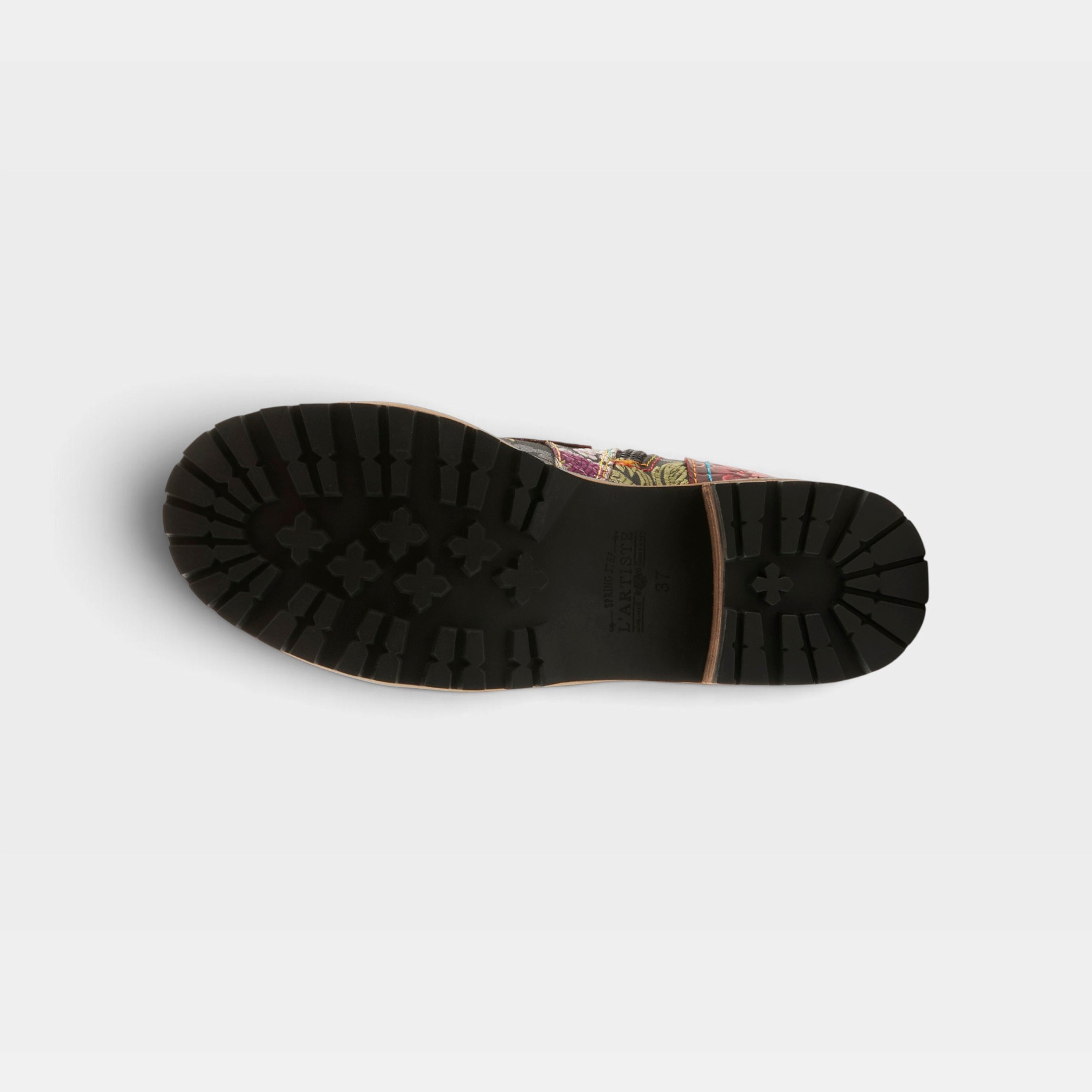L'Artiste Fantastic booties in Red Multi, outsole view