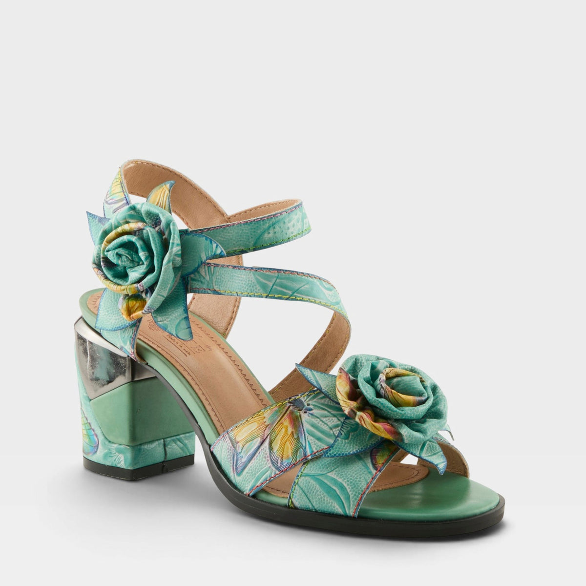 L'Artiste FLOWERPOWER SANDALS in MINT GREEN MULTI, front view