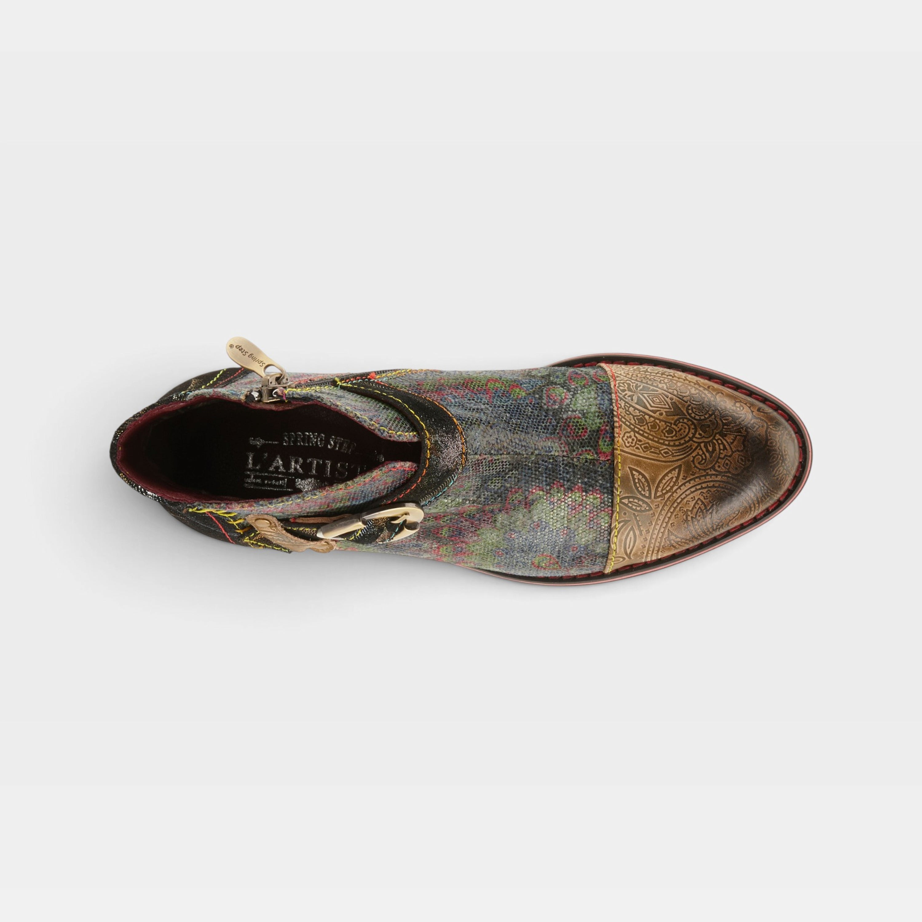 L'Artiste Georgiana-Scope boots in Olive Multi, top view