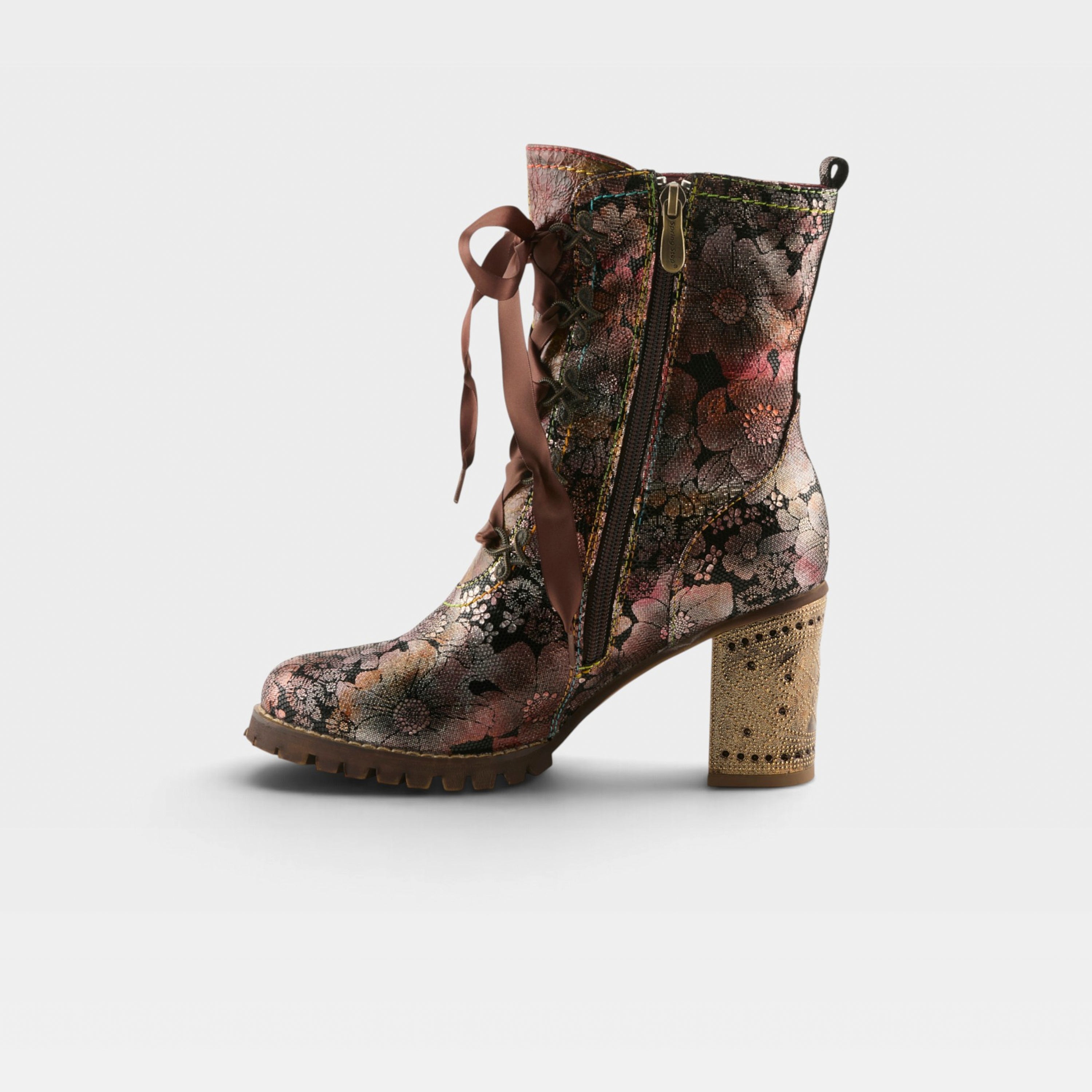 L'Artiste Girlygo booties in Brown Multi, side view