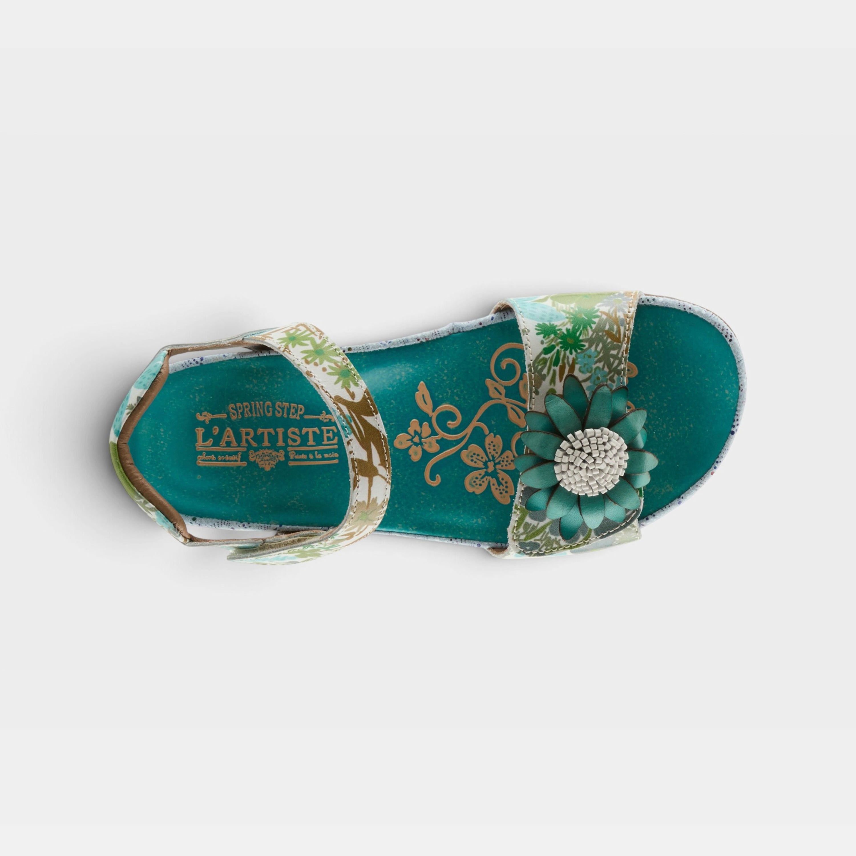 L'Artiste Gladystee sandals in Teal Multi, top view