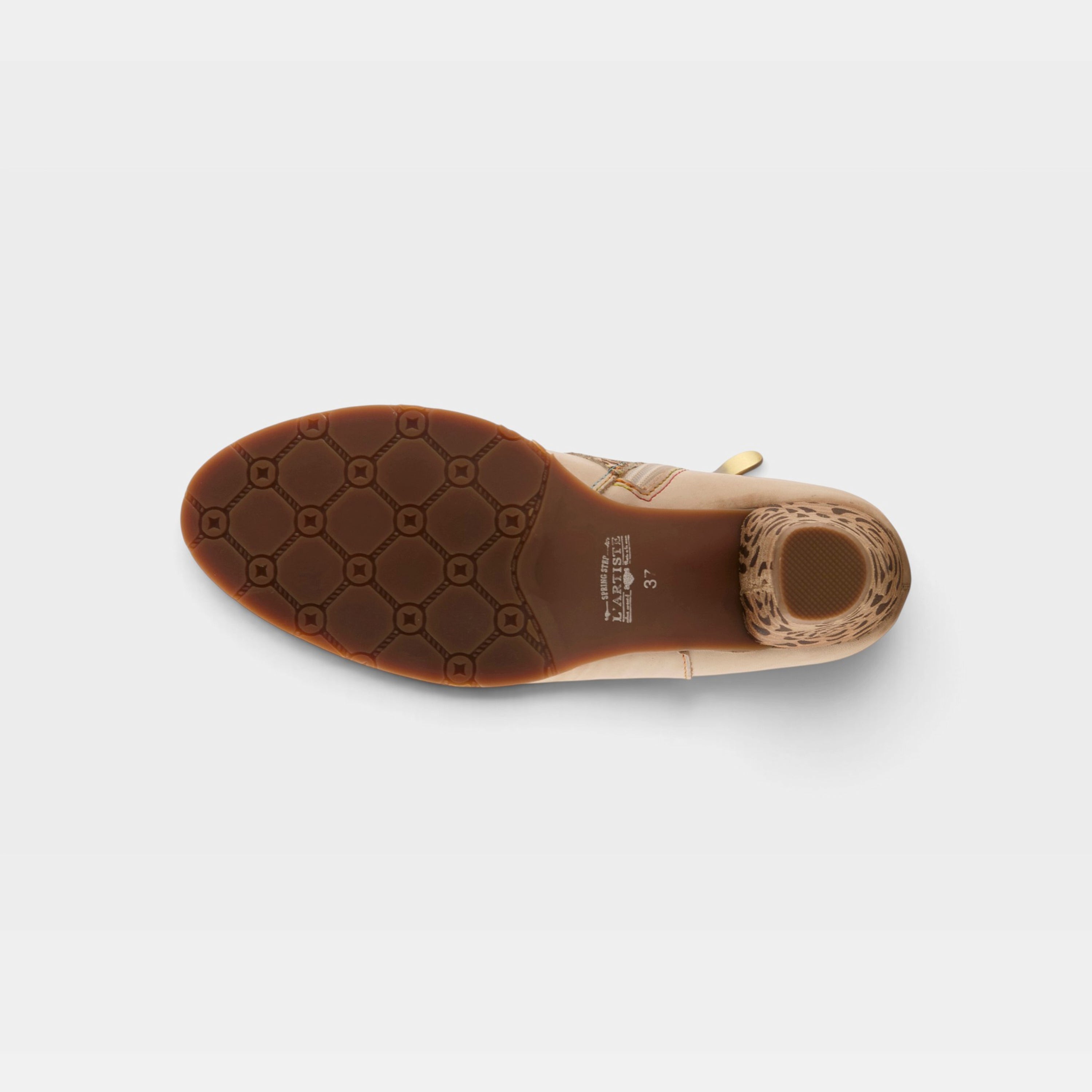 L'Artiste Herekitty-Leo boots in Beige Multi, outsole view