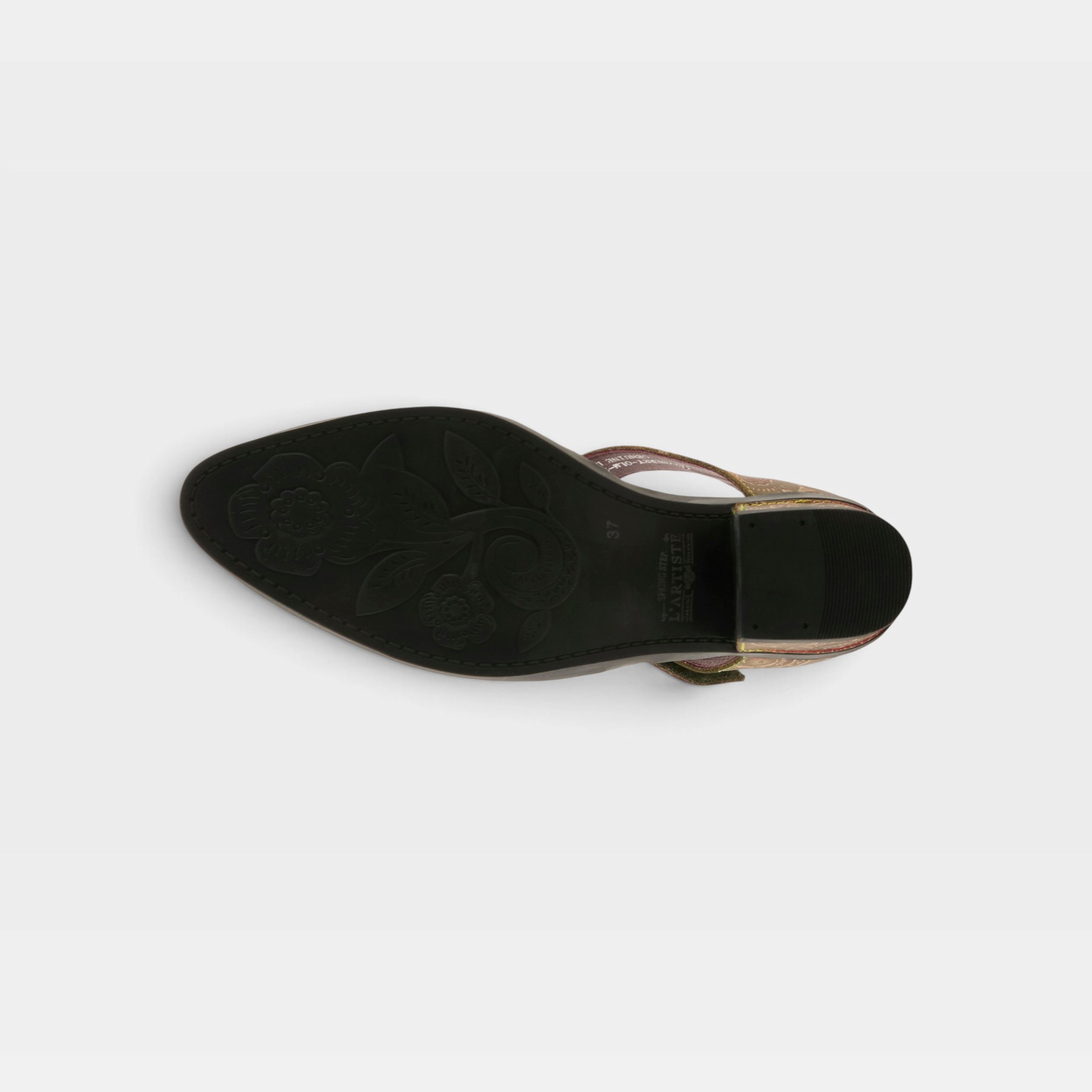 L'Artiste Jazzberry shoes in Olive Multi, outsole view