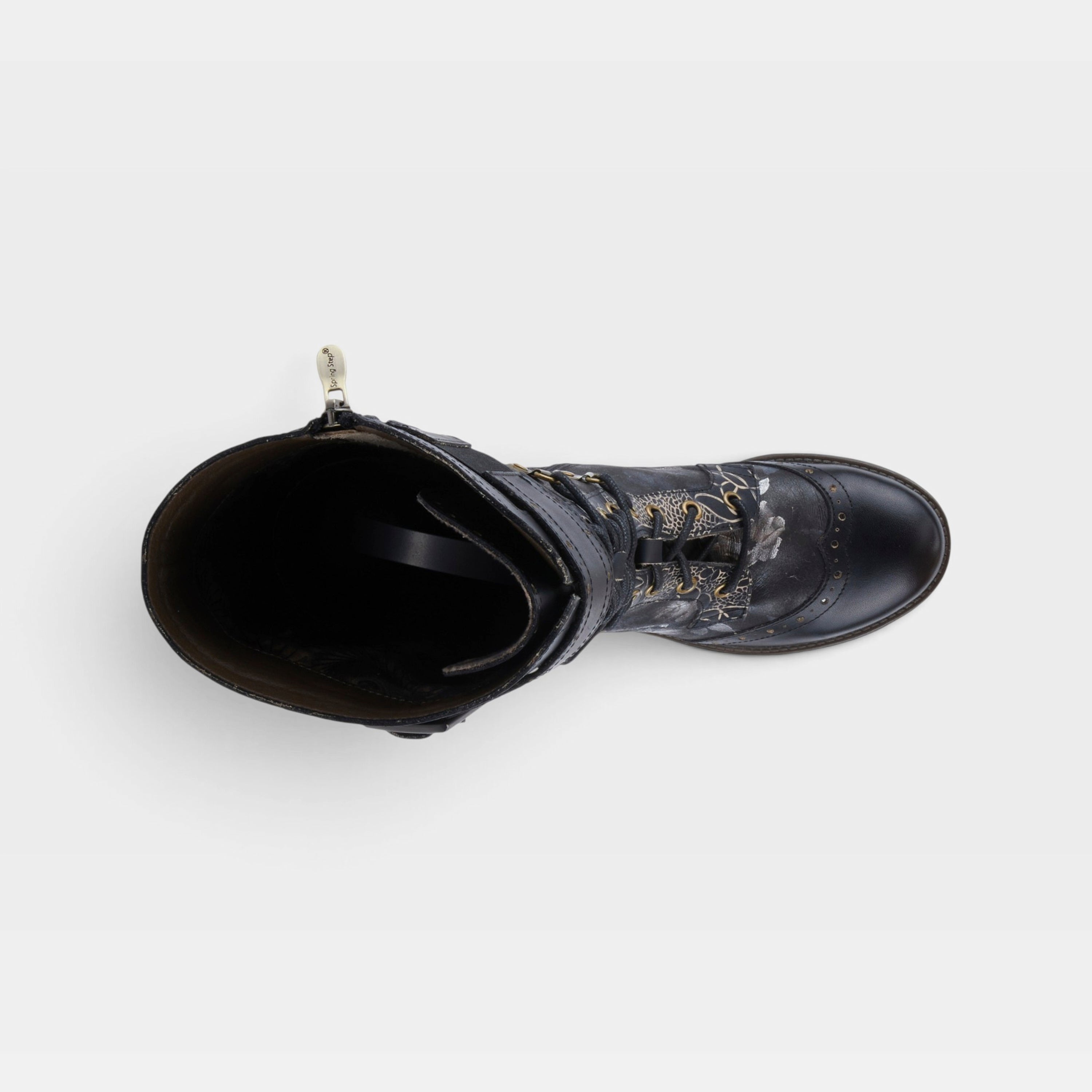 L'Artiste Kisha-Boss boots in Black Multi, top view