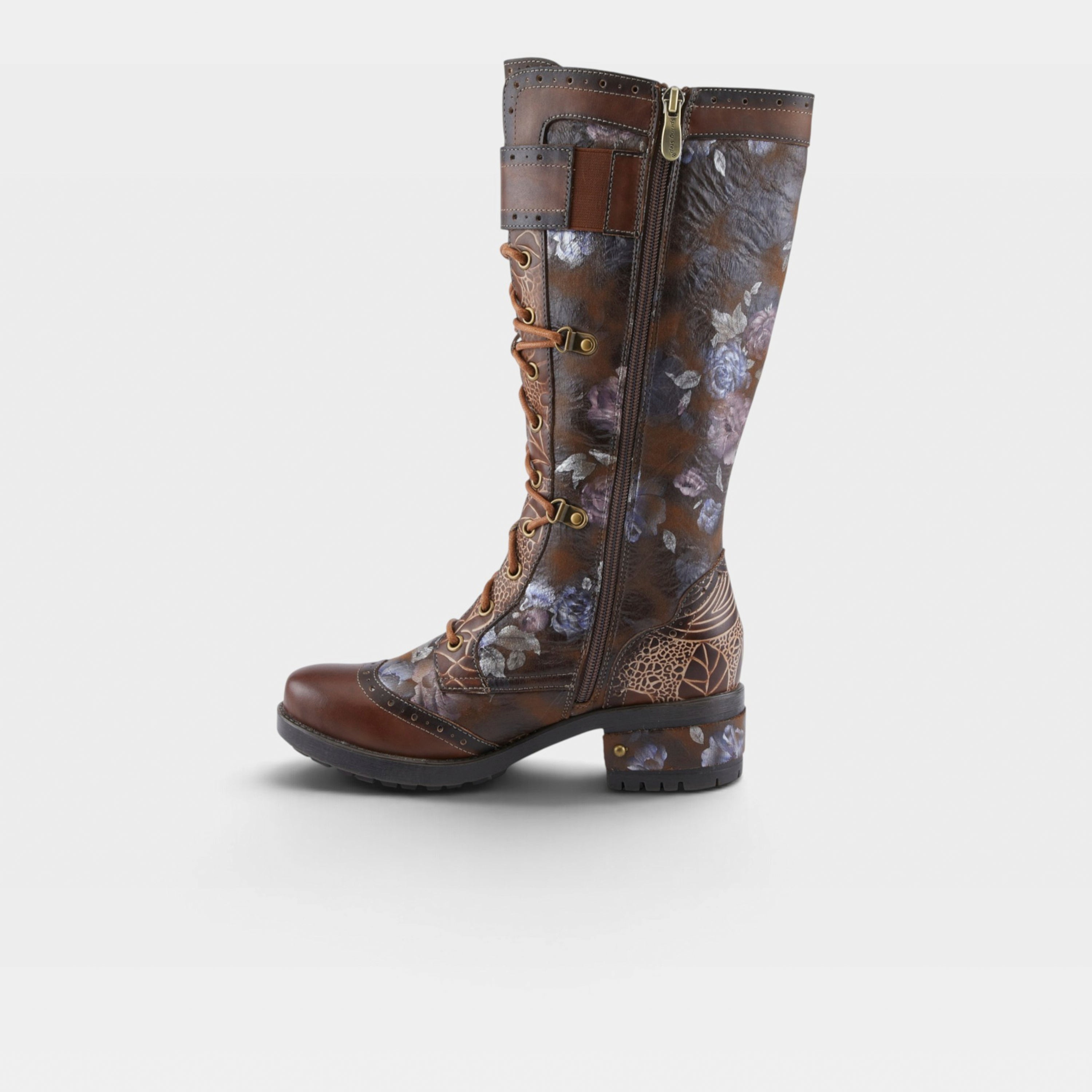 L'Artiste Kisha-Boss boots in Brown Multi, side view